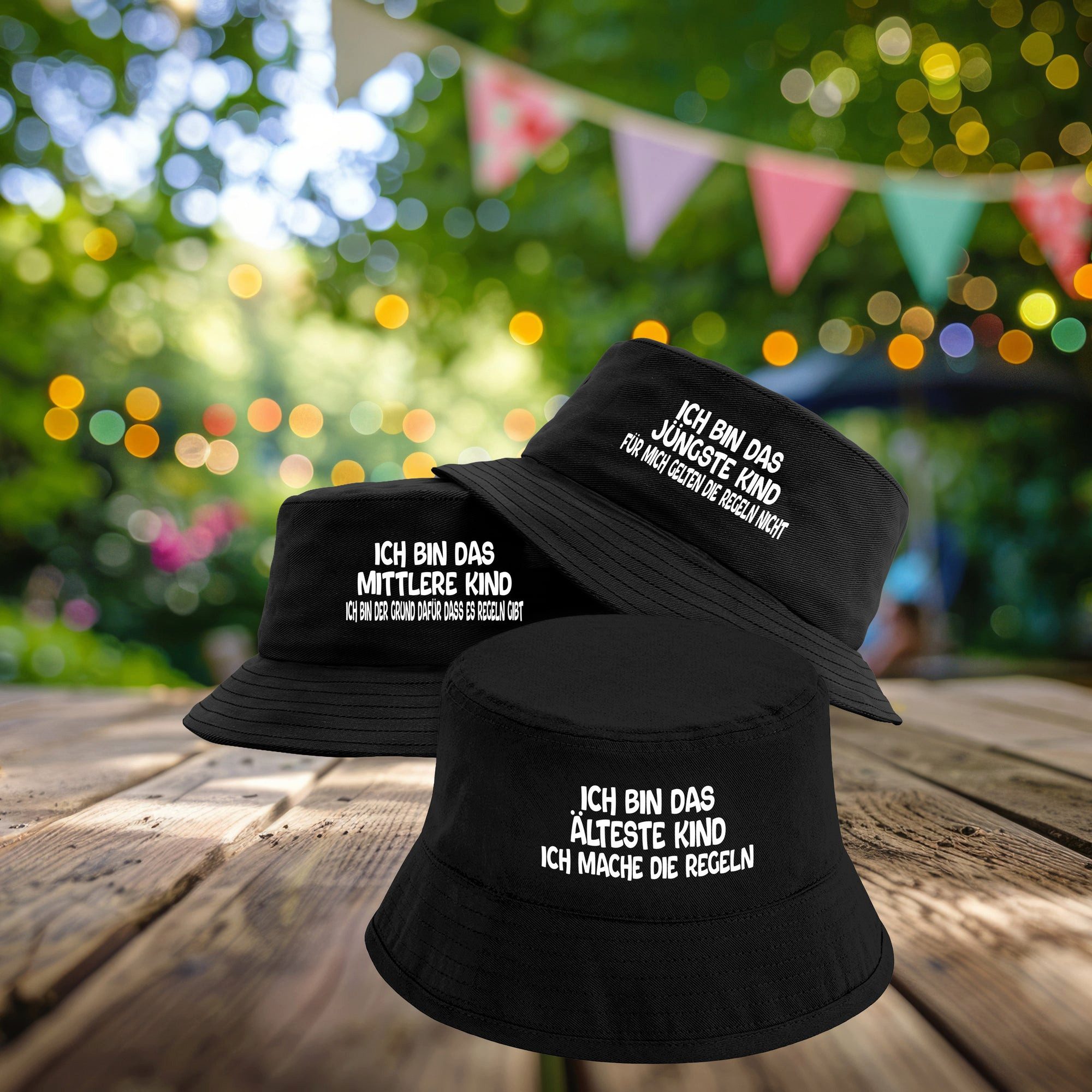 Herzbotschaft Sonnenhut 3er Set Bucket Hats Ich bin das jüngste das mittlere das älteste Kind (Unisex Einheitsgröße, Sommerhut mit Spruch, Festivalhut, Fischerhut) für Damen & Herren
