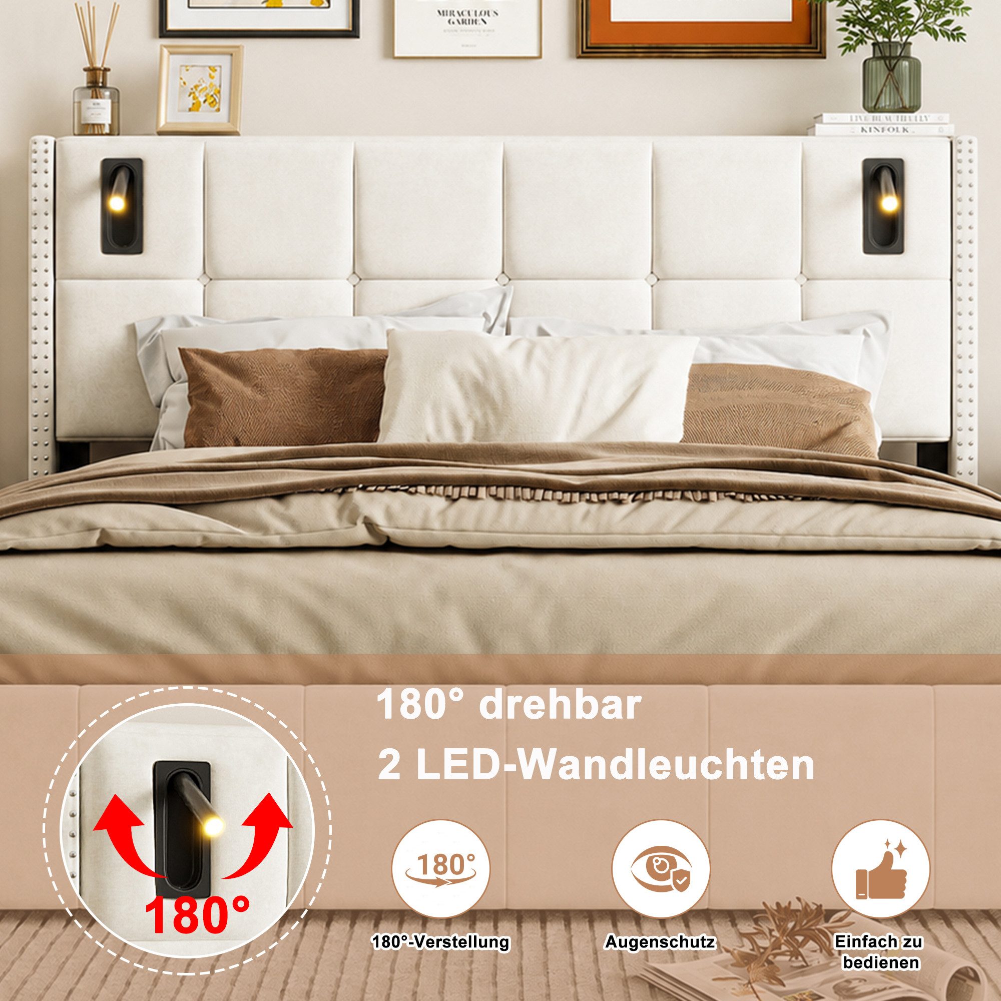 Yelenaro Stauraumbett Polsterbett Doppelbett Mit LED-Leseleuchte (Packung, 1-tlg., Die Leselampe lässt sich um 180° verstellen), 140x200 cm,Hydraulischer Funkti – Bild 5 von 5