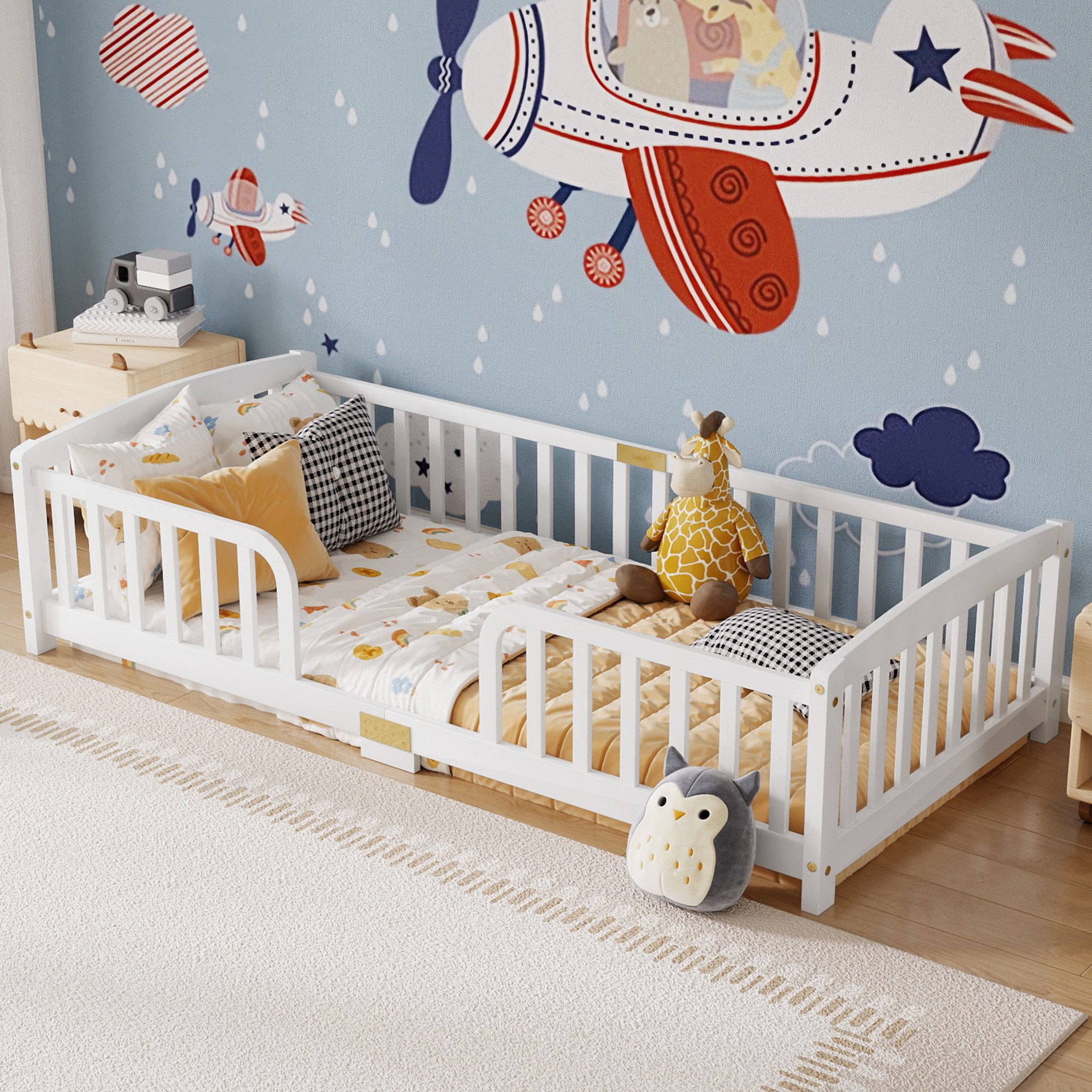 MODFU Kinderbett Kompaktes Bodenbett mit Geländer & Stauraum (Packung, Weiß, 90×200 cm, für Spielen & Schlafen), Kiefernholz, runde Ecken, ohne Matratze