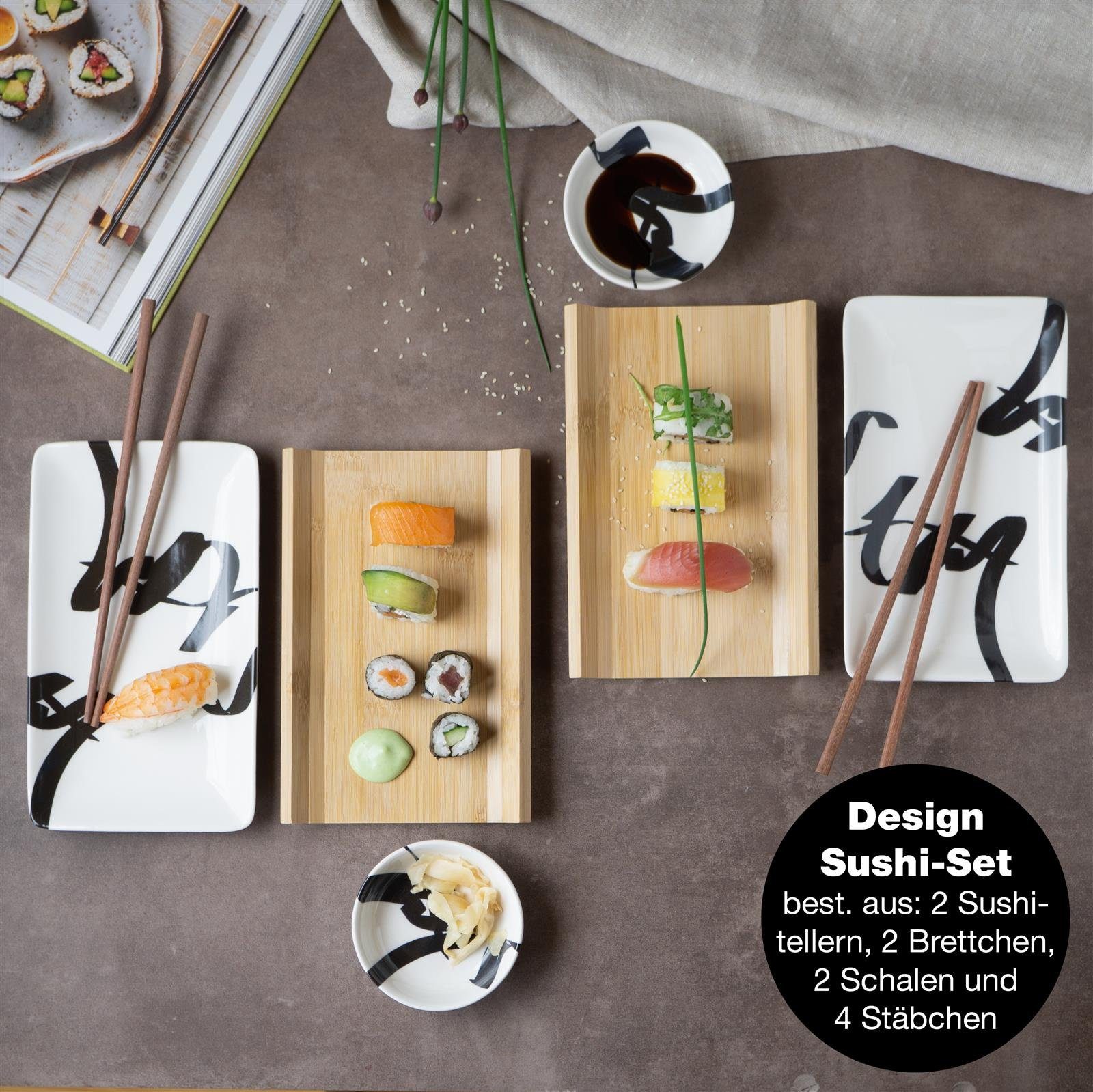Moritz & Moritz Tafelservice Sushi Set 10tlg Pinselschrift Schwarz (8-tlg), 2 Personen, Porzellan, Geschirrset für 2 Personen