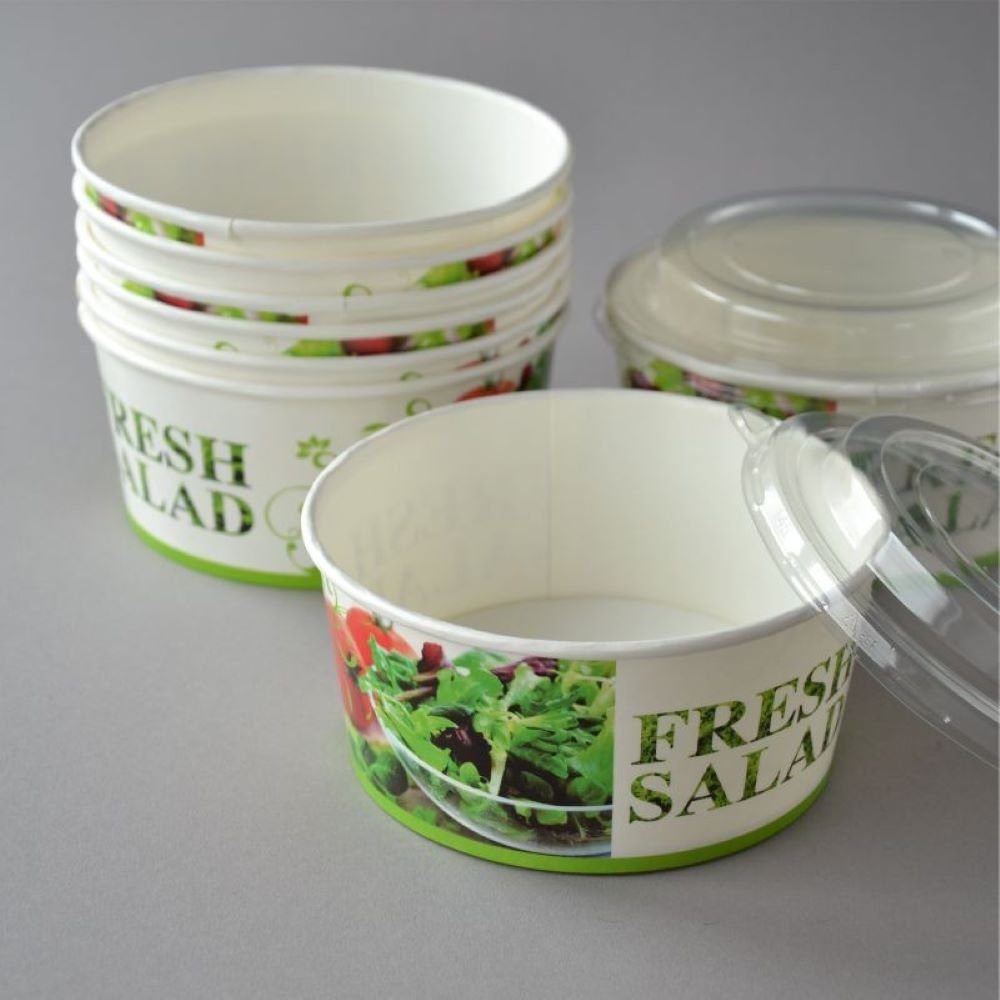 Einwegschale 300 Stück Bowls Salatschalen Paper rund, Salatbox Deckel, Salad Pappsalatschale mit "Salat-Motiv", Cups 750 ml