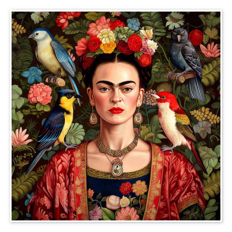Posterlounge Poster Mark Ashkenazi, Frida Kahlo mit exotischen Vögeln, Modern Illustration