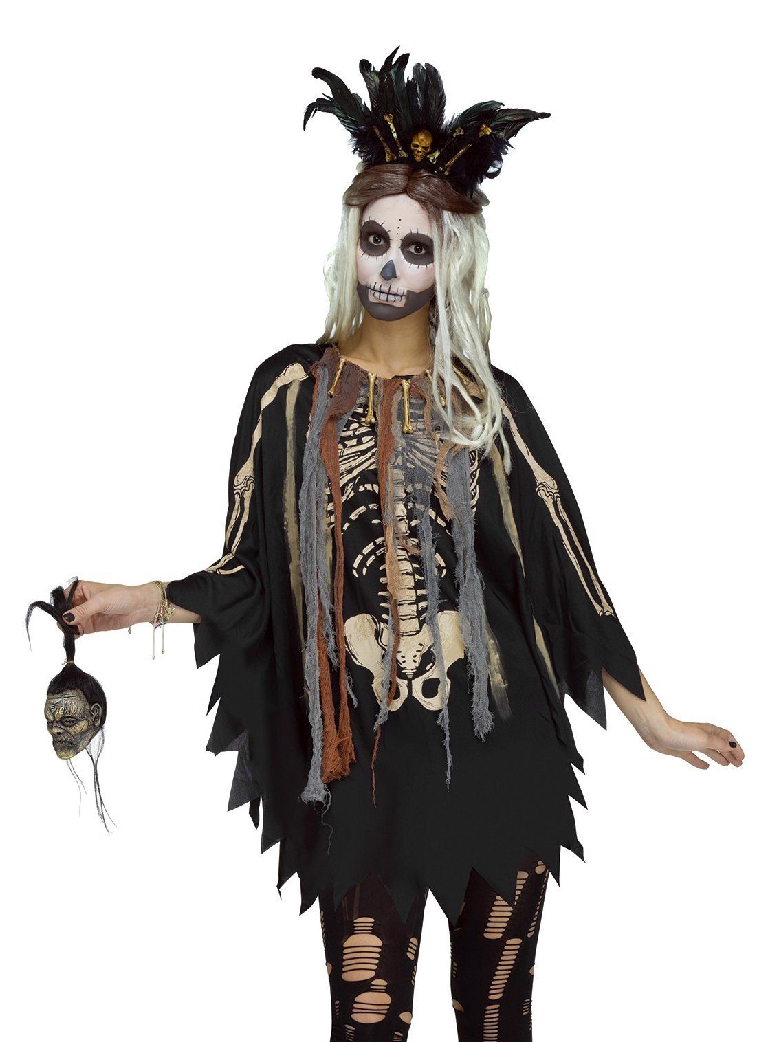 Fun World Kostüm Voodoo Poncho, Mystischer Zauberin-Umhang mit Skelett-Print