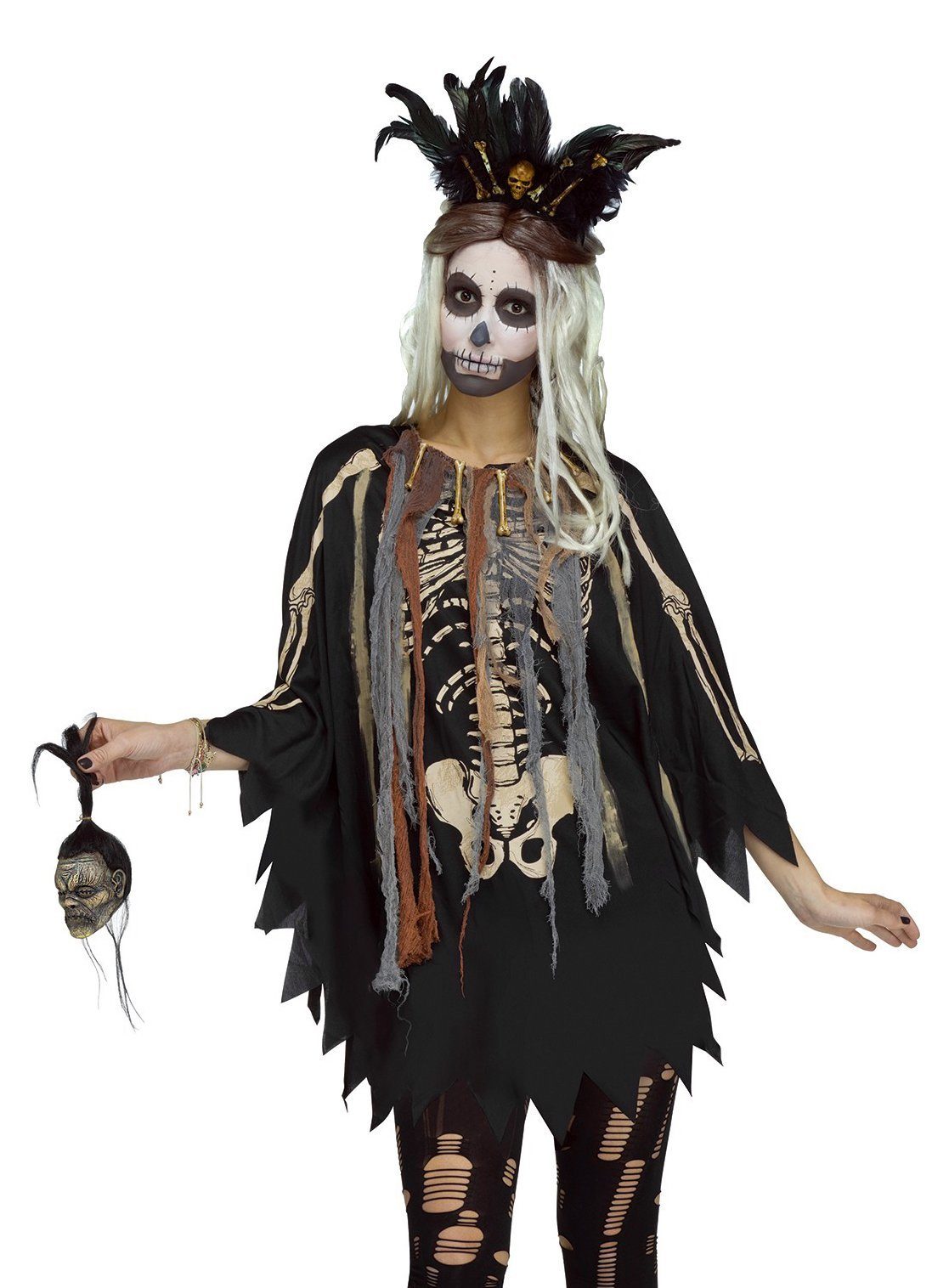 Fun World Kostüm Voodoo Poncho - Halloween Fasching Zombie Kostüm, Mystischer Zauberin-Umhang mit Skelett-Print