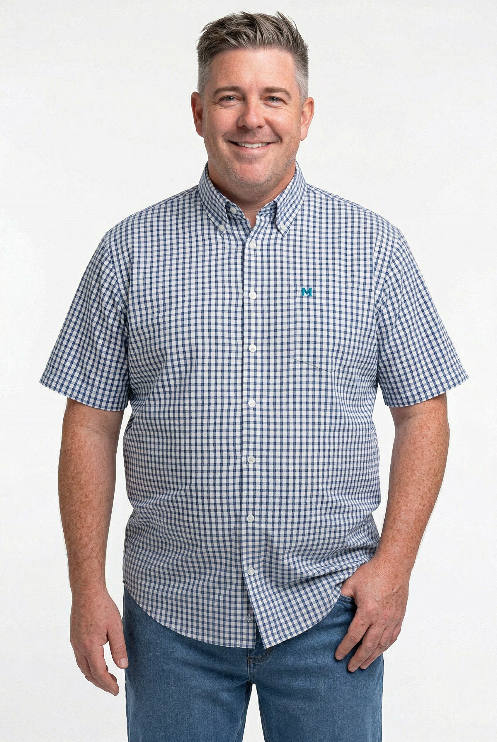 Men Plus Kurzarmhemd Karohemd Halbarm Seersucker Buttondown-Kragen