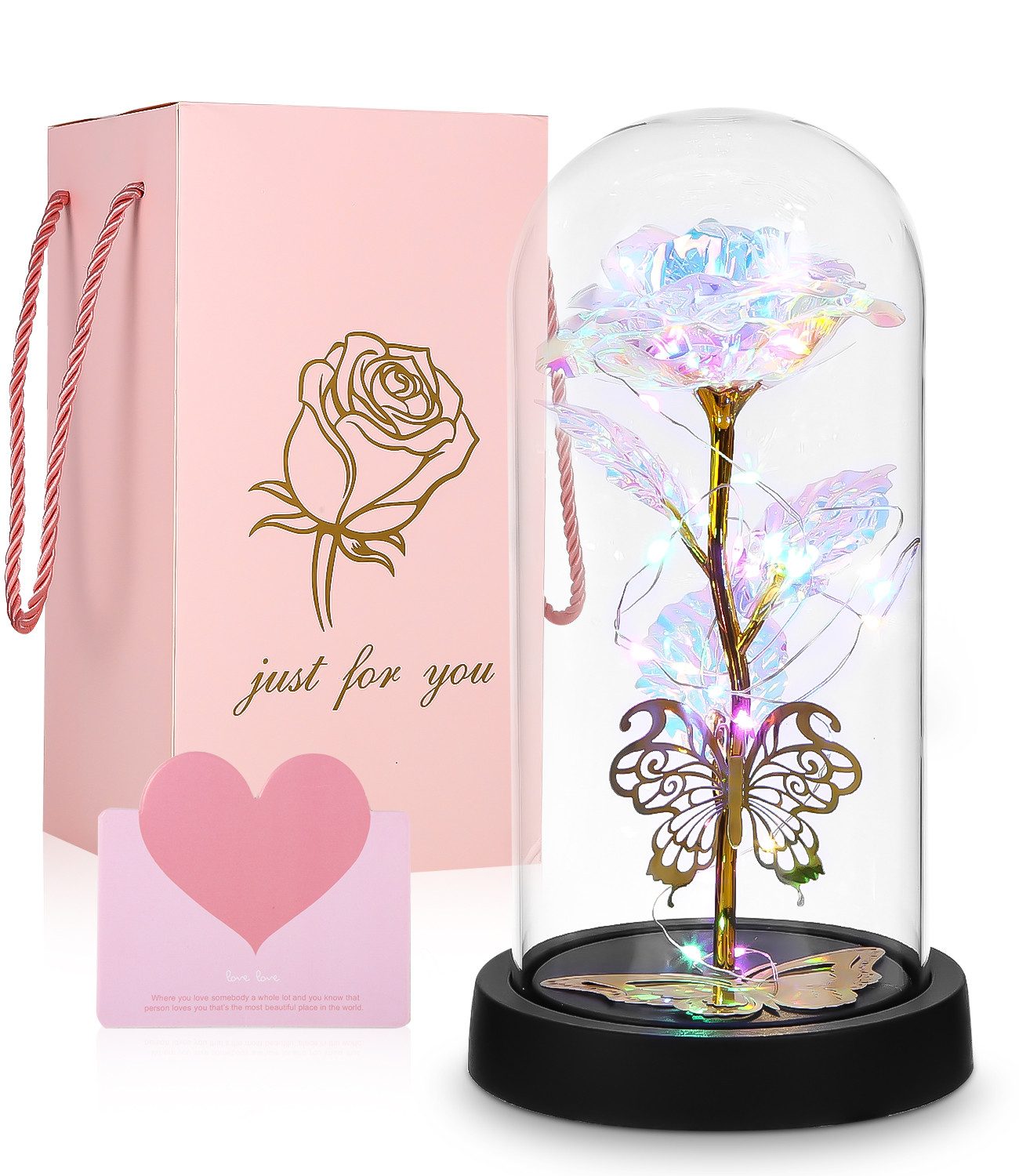 Kunstblume Muttertagsgeschenk Ewige Rose im Glas mit LED Licht, 