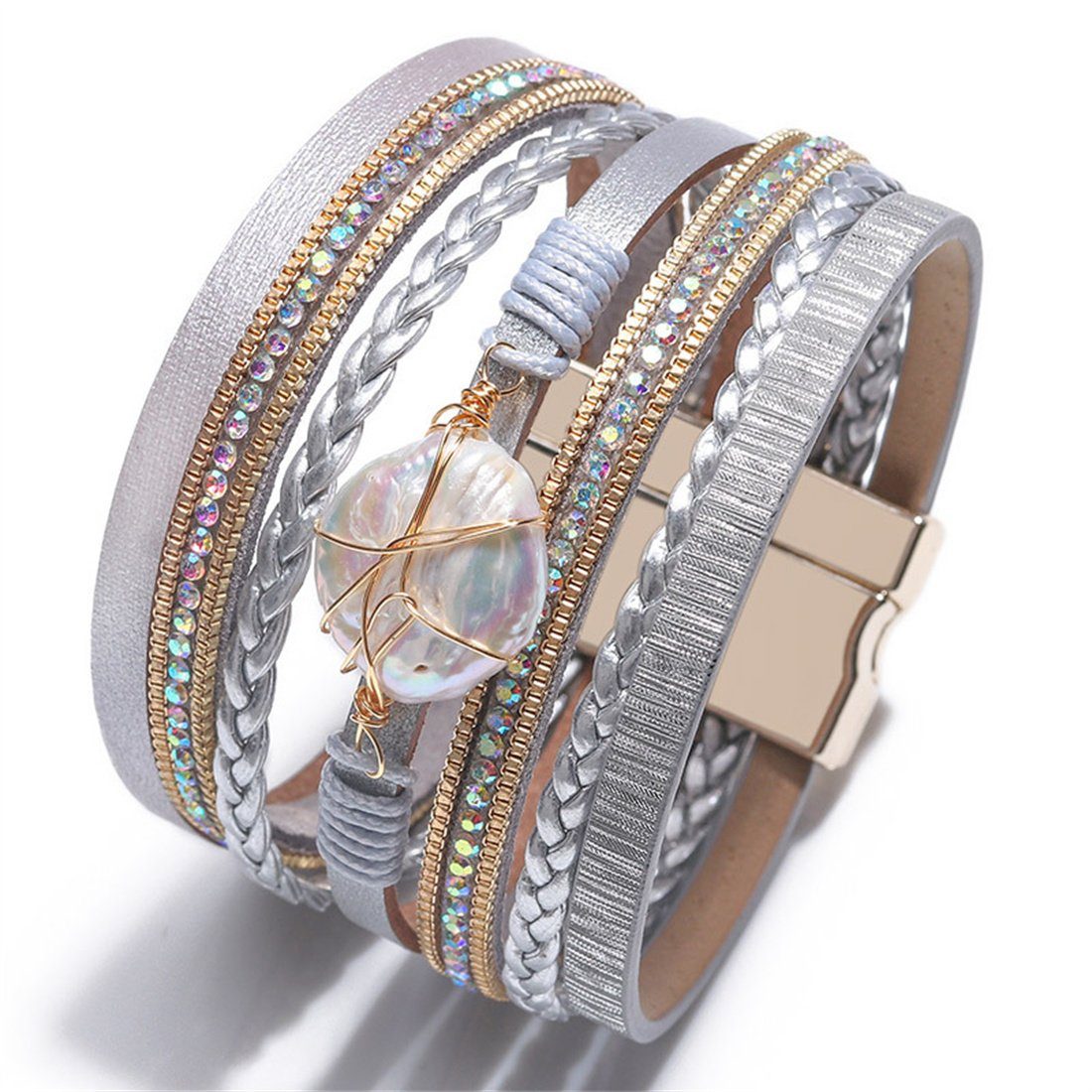 DÖRÖY Lederarmband Bohème-Armband aus mehreren Schichten mit gewebtem Magnetverschluss Silber
