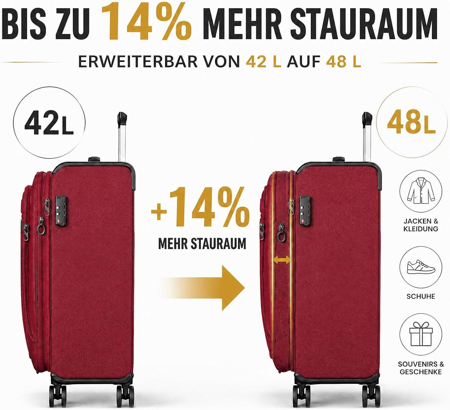 Verage Weichgepäck-Trolley Toledo Weichschalenkoffer Reisekoffer, 4 Rollen, TSA-Schloss, 4 Rollen Trolley Volumenerweiterung bei S/M/L/Sets