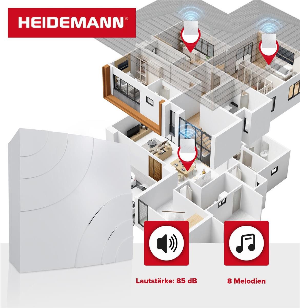 Heidemann Türklingel-Set Heidemann Mehrklang-Gong Quarter reinweiß, 1 Empfänger, 8 Klingeltöne, (1-tlg), HX®-kompatibel, Starkes LED-Signal, 8 Melodien, 4 Lautstärkestufen