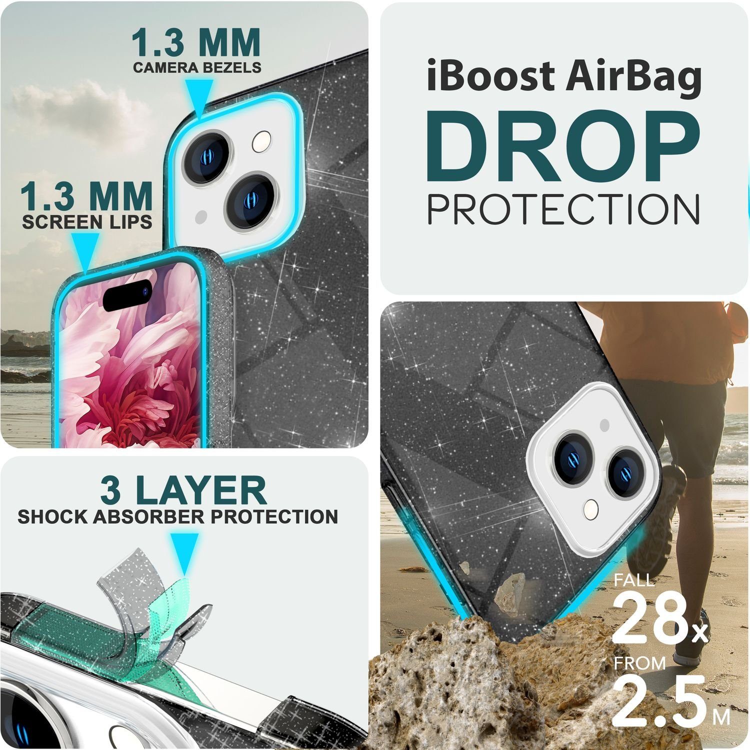 Nalia Smartphone-Hülle Apple iPhone 15, Glitzer Silikon Hülle / Verstärkte Innenseite / Glänzende Schutzhülle