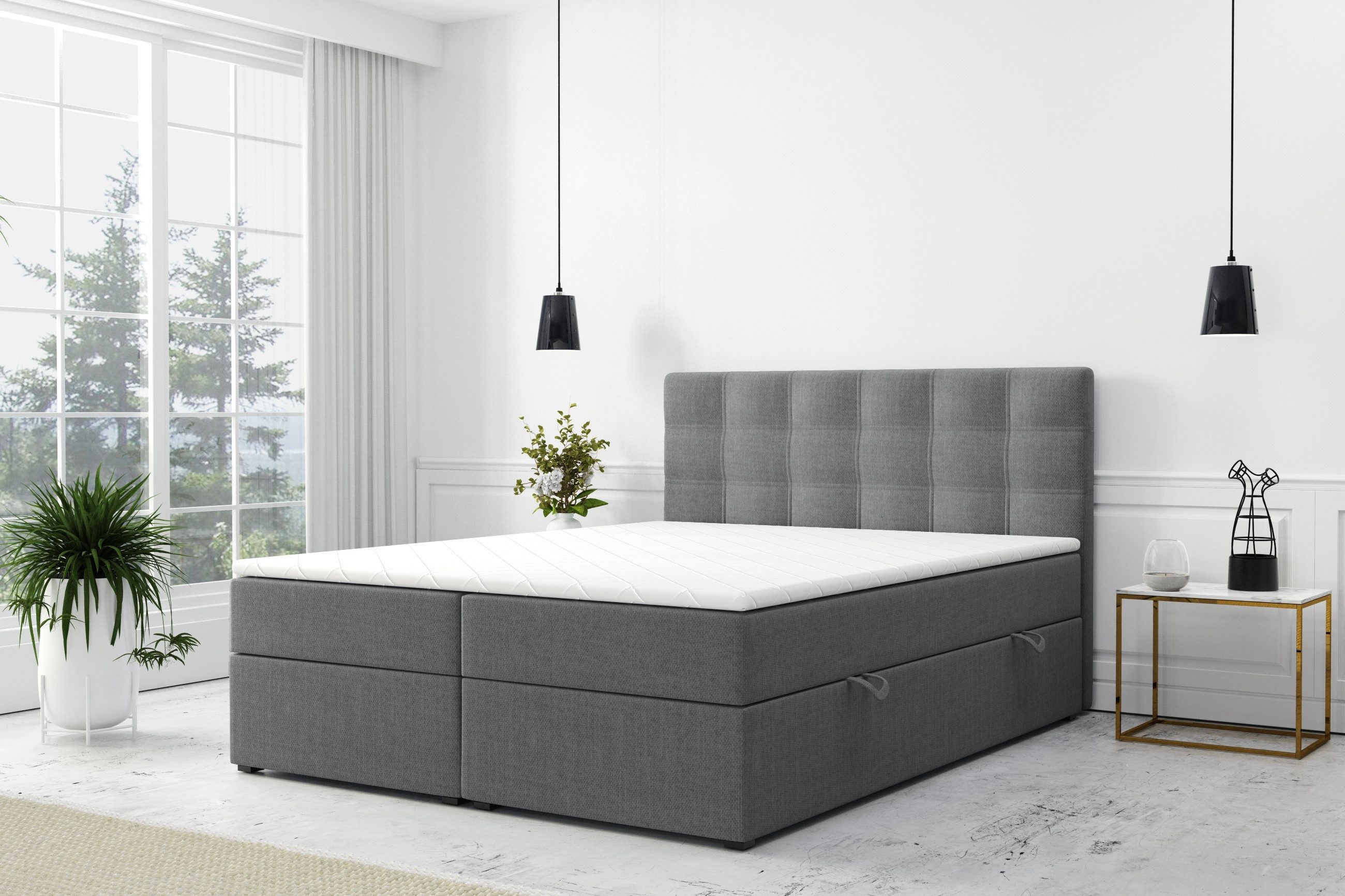 M-Punkt24 Boxspringbett Boxspringbett Prag 180x200cm Grau Schwarz Bettkasten H3 (Grau, 180 x 200 cm), inkl. Bettkasten und Topper