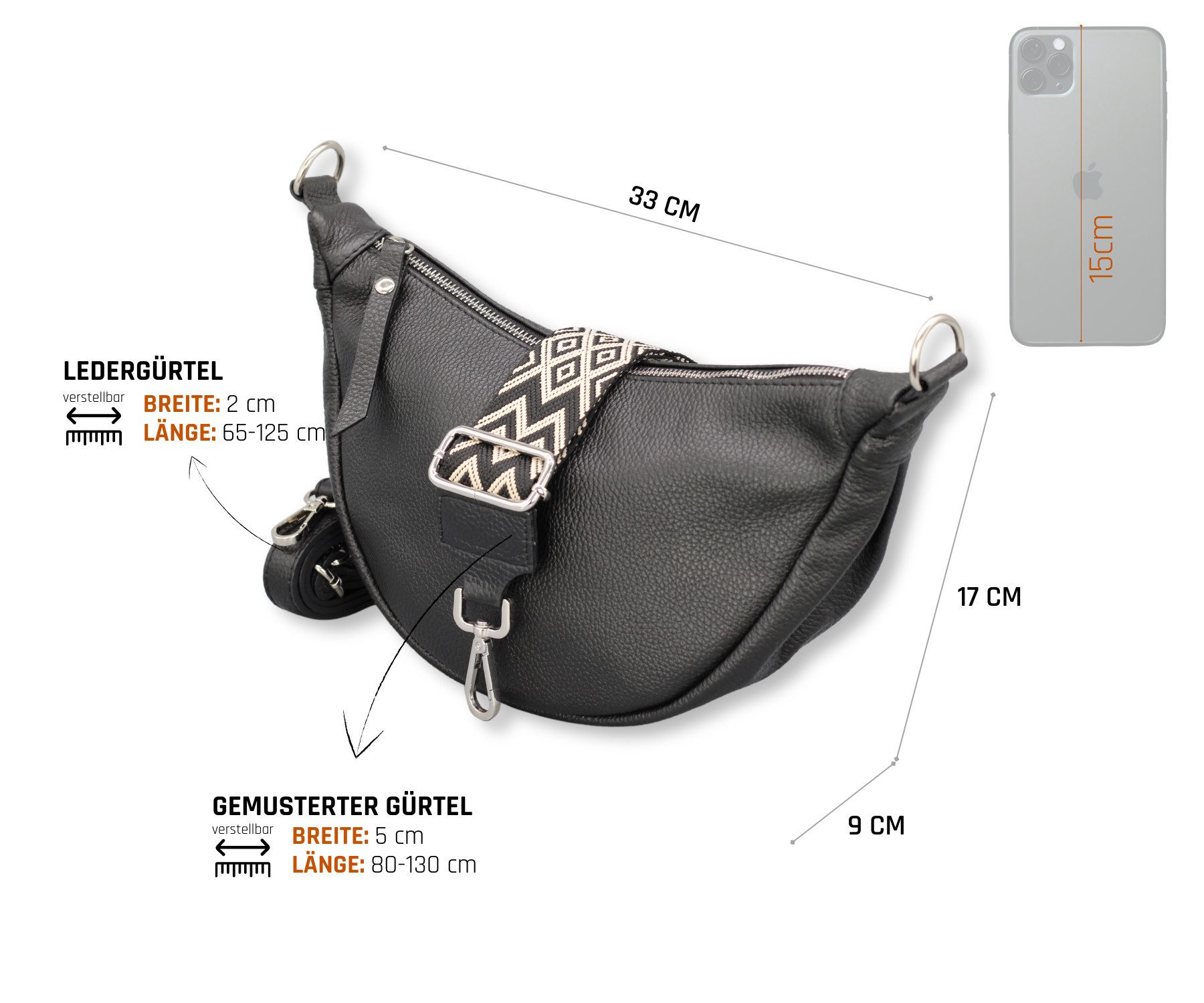 Adel Bags Schultertasche DIANA Halbmond Tasche Leder, Umhängetasche für Damen, Gürteltaschen, echt Leder, Made in Italy