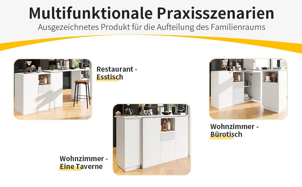 i@home Bartisch Um 360° drehbarer, Hauptkörper 198,5 x 30 x 75 cm (Bis 60 kg belastbar, geeignet für Küche, Wohnzimmer und Esszimmer), mit offenem Stauraum und Marmor-Arbeitsplatte, Weiß