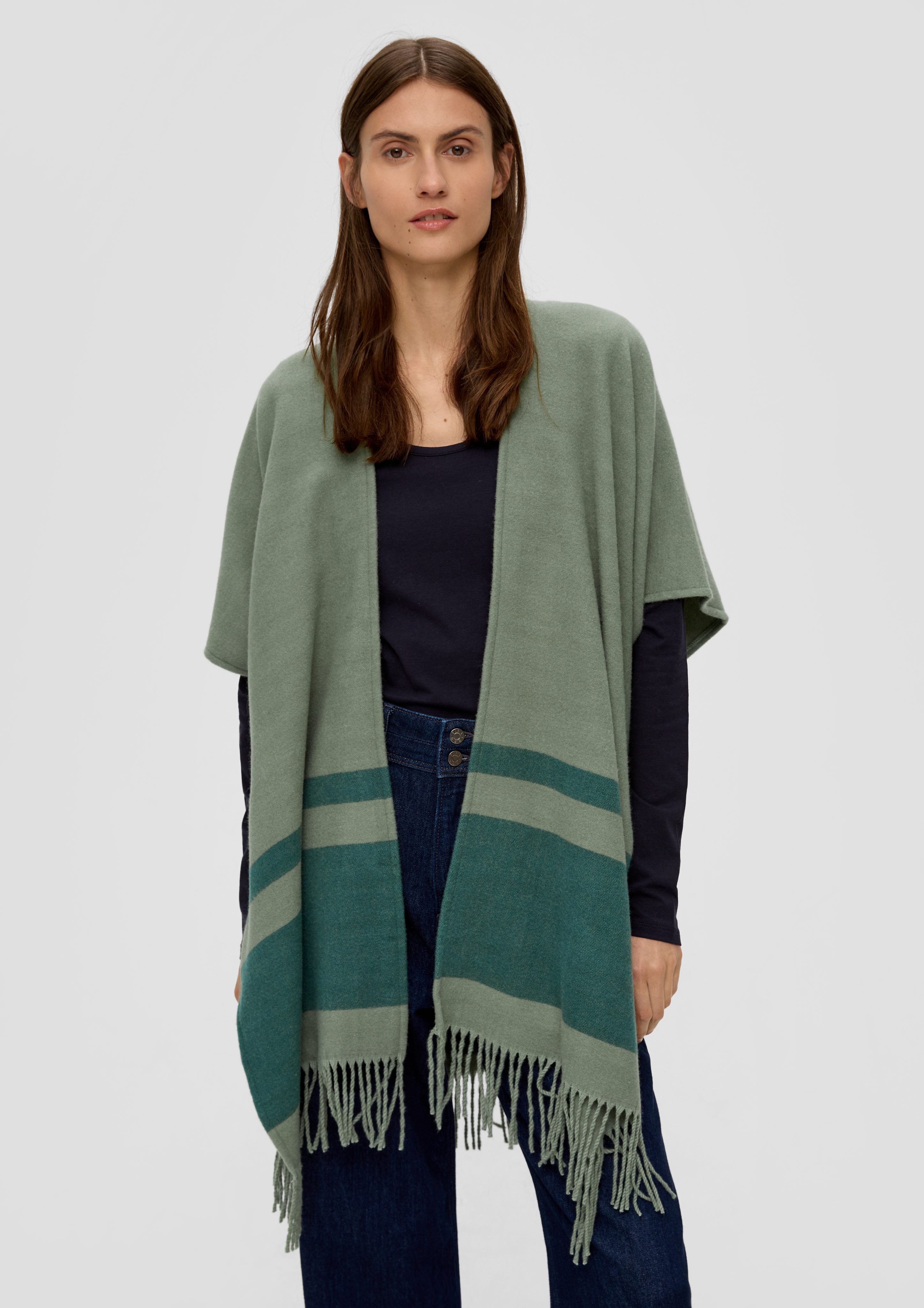 s.Oliver Poncho Poncho mit Streifenmuster Fransen