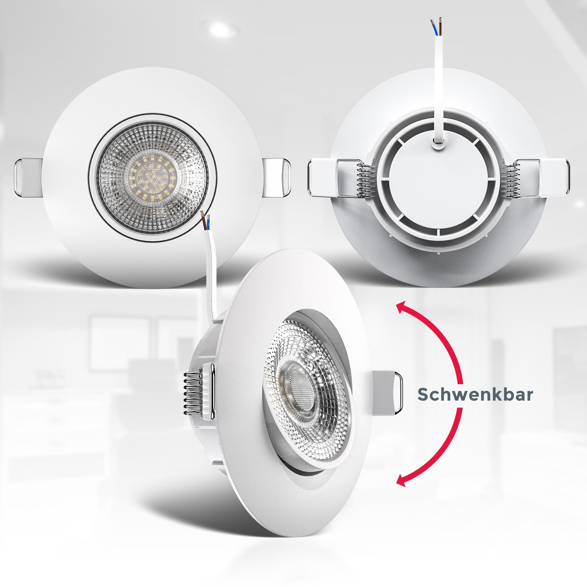 B.K.Licht LED Einbauleuchte 6er Set Einbaustrahler, Schwenkbare Spots, flache Deckenstrahler, LED fest integriert, Warmweiß, 3.000K, 480Lm, 4,9W, Kunststoff, 9 x 2,4 cm, Weiß