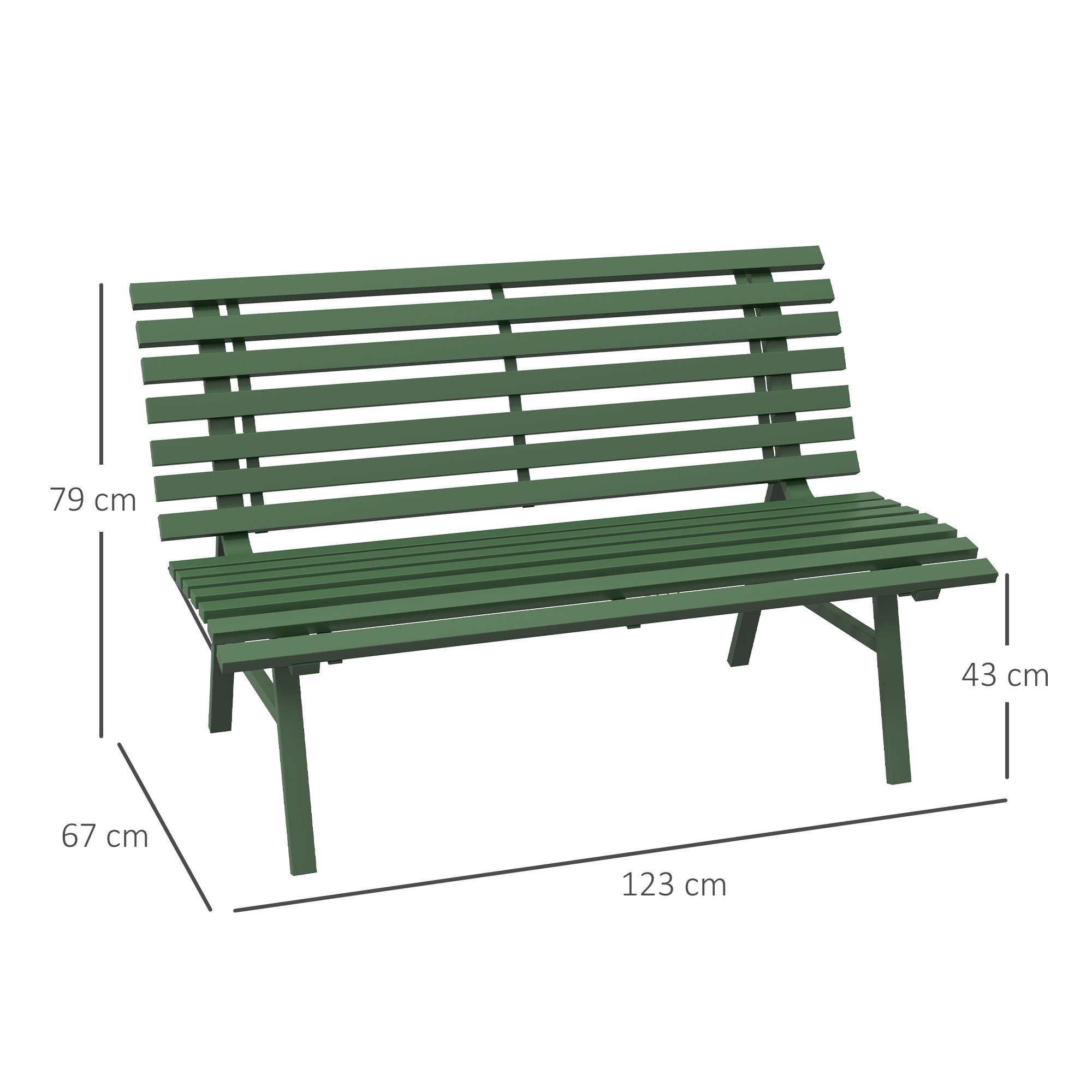 Outsunny Gartenbank 2 Sitzer Parkbank mit Rückenlehne (Sitzbank, 1-St., Balkonbank), für Garten, Balkon, Alu, 123 x 67 x 79 cm, Grün