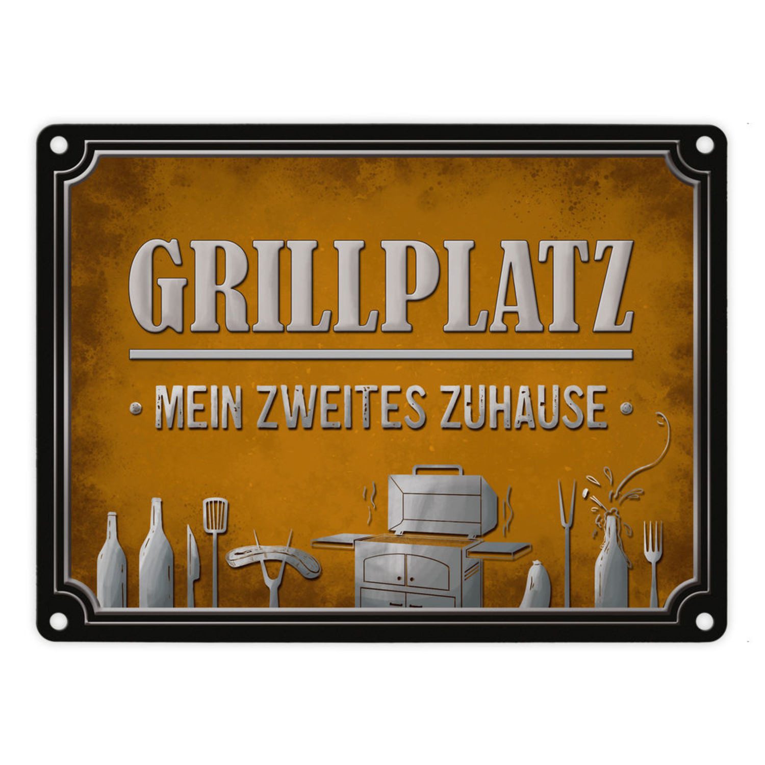 Metallschild Grillplatz mein zweites Zuhause Metallschild in orange Grill grillen