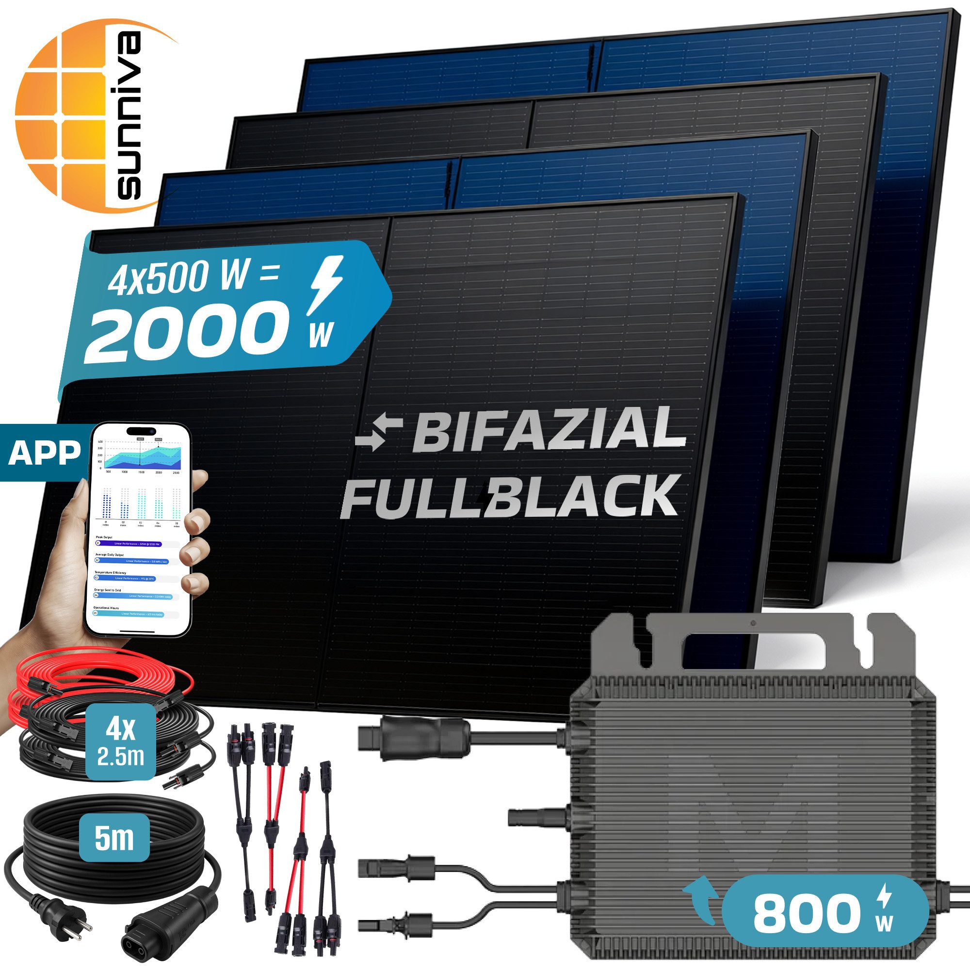 SUNNIVA Balkonkraftwerk 2000W BIFAZIAL FULLBLACK komplett Steckdose, (MARSTEK 800W Wechselrichter, PV Solaranlage, 4x 500W Glas Solarmodule, inkl. 5m Kabel, Bluetooth WIFI, Komplettset)