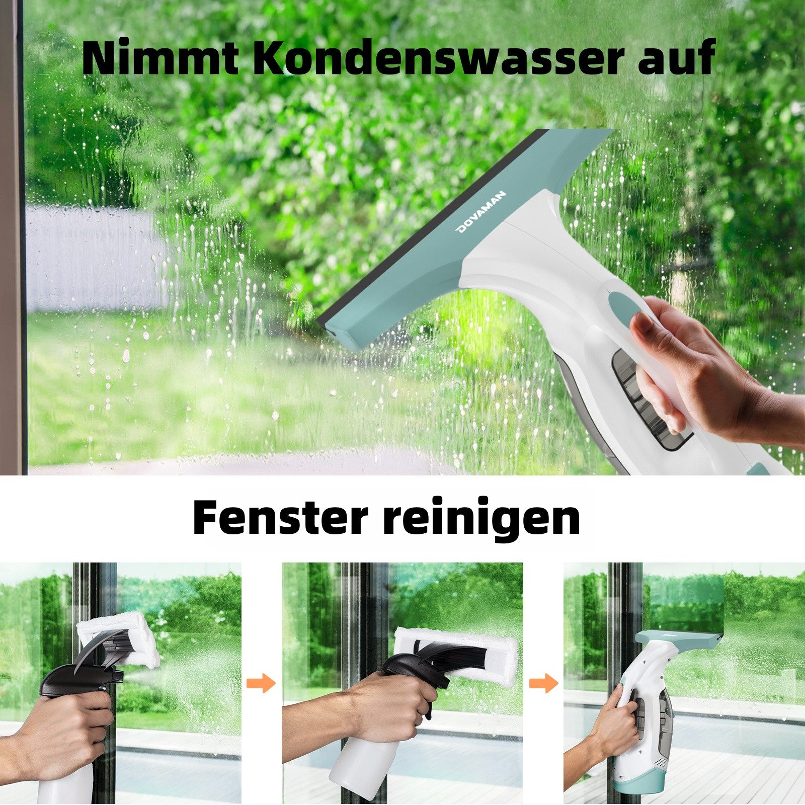 DOVAMAN Akku-Fenstersauger 30 Min Laufzeit, 280 mm Düse, 150 ml Tank, Sprühflasche & 2 Tüchern – Bild 5 von 5