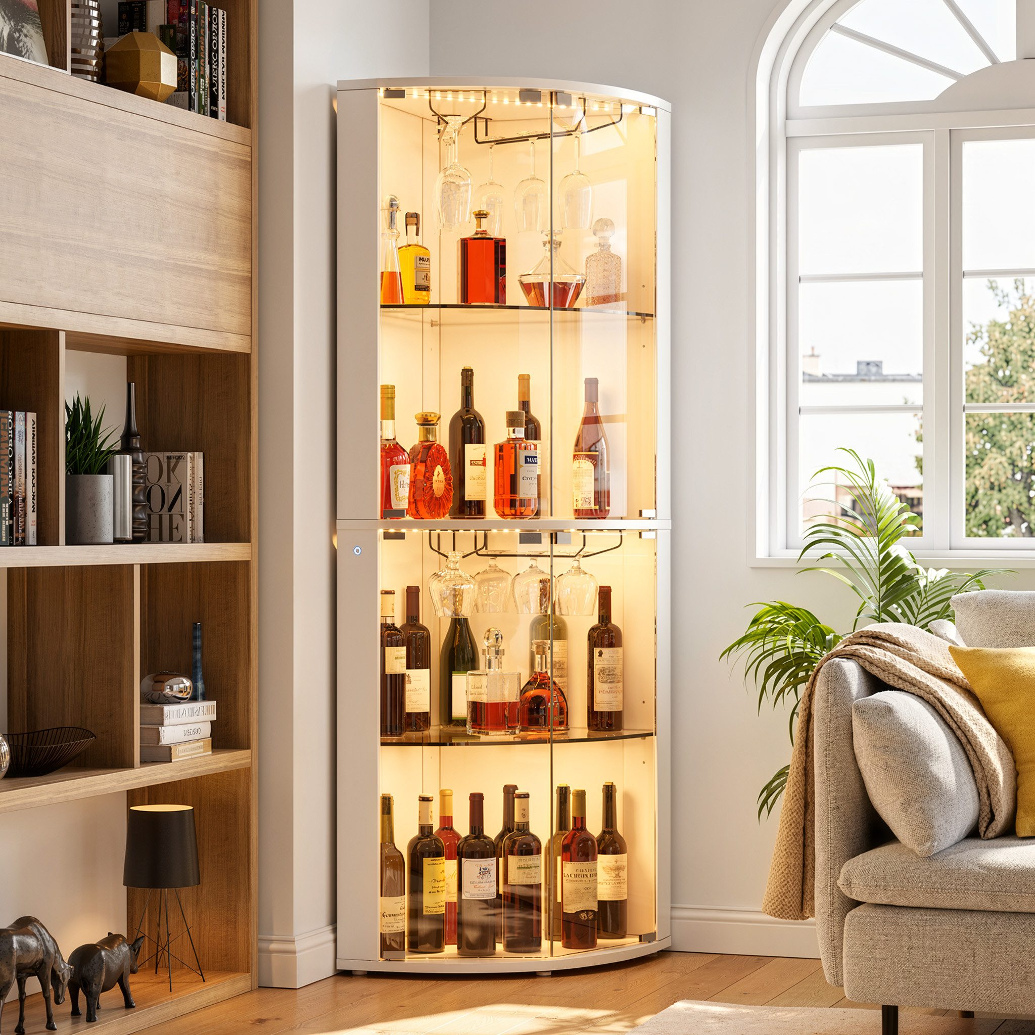 PEALOV Glasvitrine mit Tür, hängendes Weinglasregal für Küche, Esszimmer & Wohnzimmer (1-St) Weinschrank mit LED & Glashalter, 4-stufiger Eck-Barschrank
