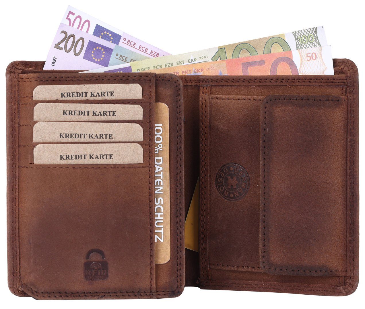Lederbörse Münzfach Leder Portemonnaie, mit Männerbörse Geldbörse Brieftasche RFID Schutz mit Börse Kette Herren Büffelleder SHG