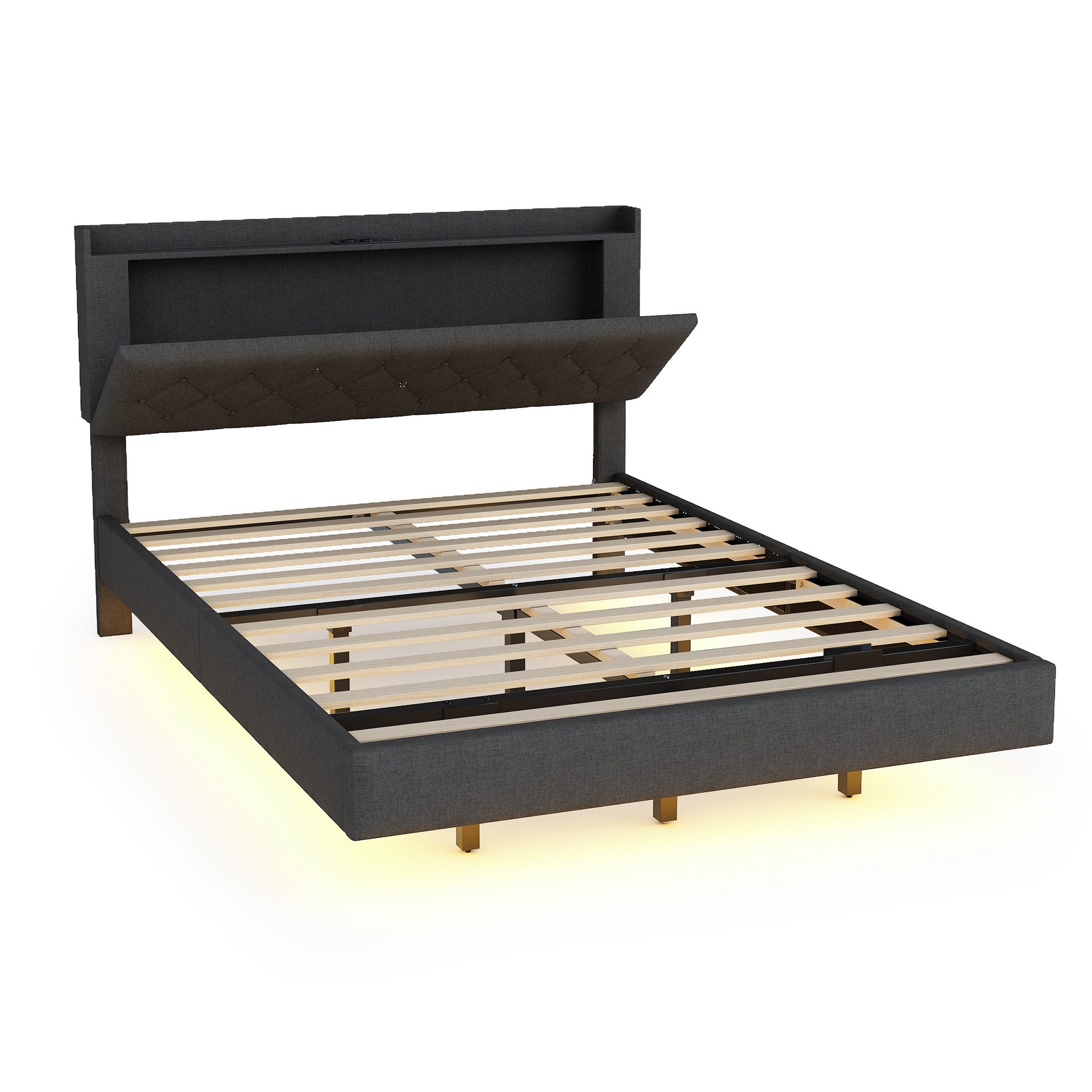 SOFTWEARY Polsterbett in schwebender Optik (mit Lattenrost und LED-Beleuchtung, 140x200 cm), Doppelbett mit Schrank, Leinenbezug