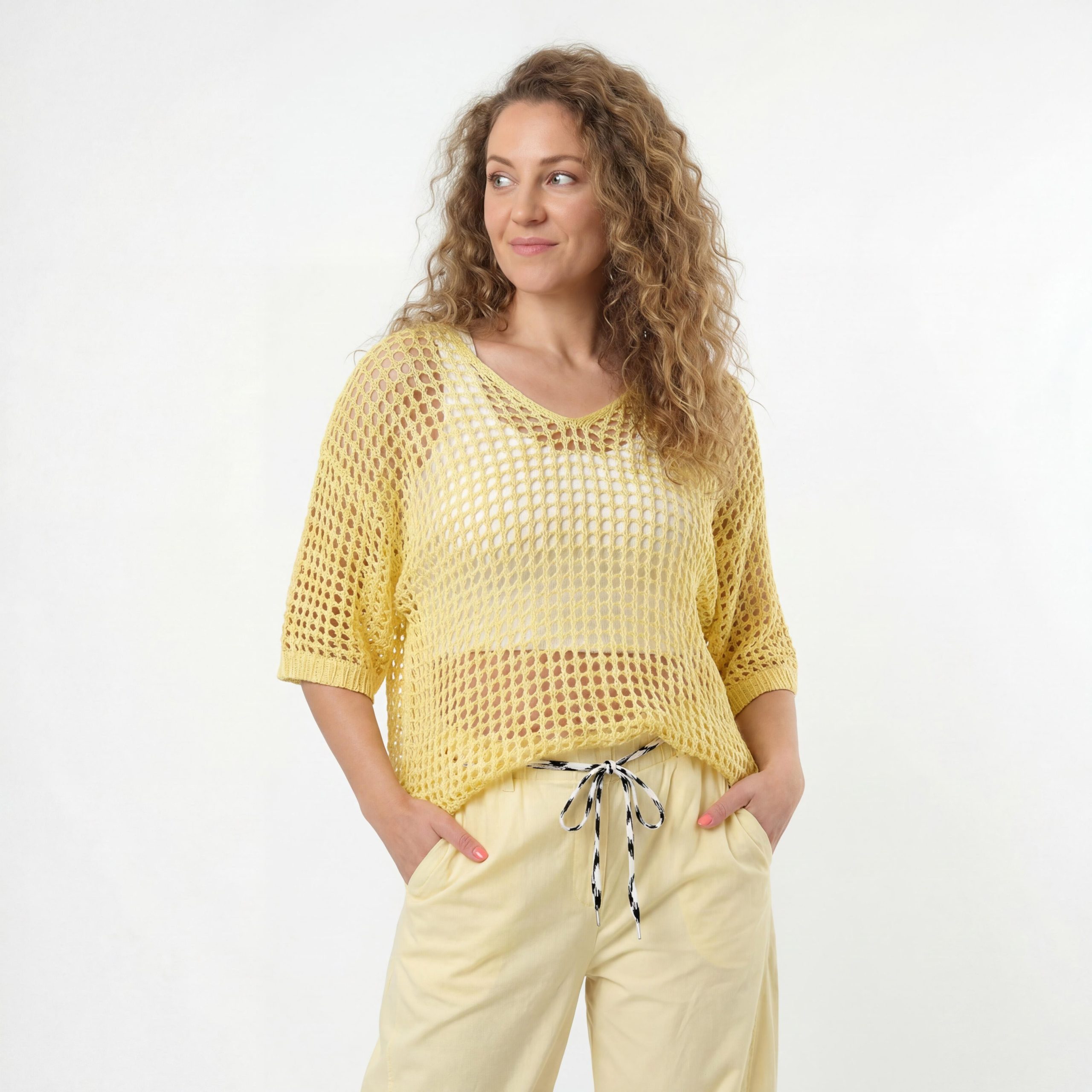 OriginalYou Strickpullover Häkeloberteil Damen Sommer Shirt Lochstrick Oversize Pullover One Size 40-46 (40-42 oversize / 44-46 regular)