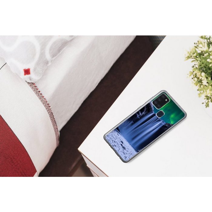 MuchoWow Handyhülle Nordlichter - Wasserfall - Schnee - Island Handyhülle Samsung Galaxy A21s Smartphone-Bumper Print Handy