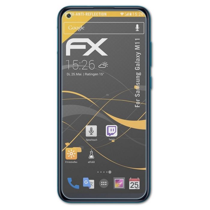 atFoliX Schutzfolie für Samsung Galaxy M11 (3 Folien) Entspiegelnd und stoßdämpfend
