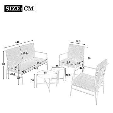 Flieks Gartenlounge-Set, 4 Sitzer Gartenmöbel Balkonset Sitzgruppe(1 Sofa + 2 Sessel + 2 Tisch)