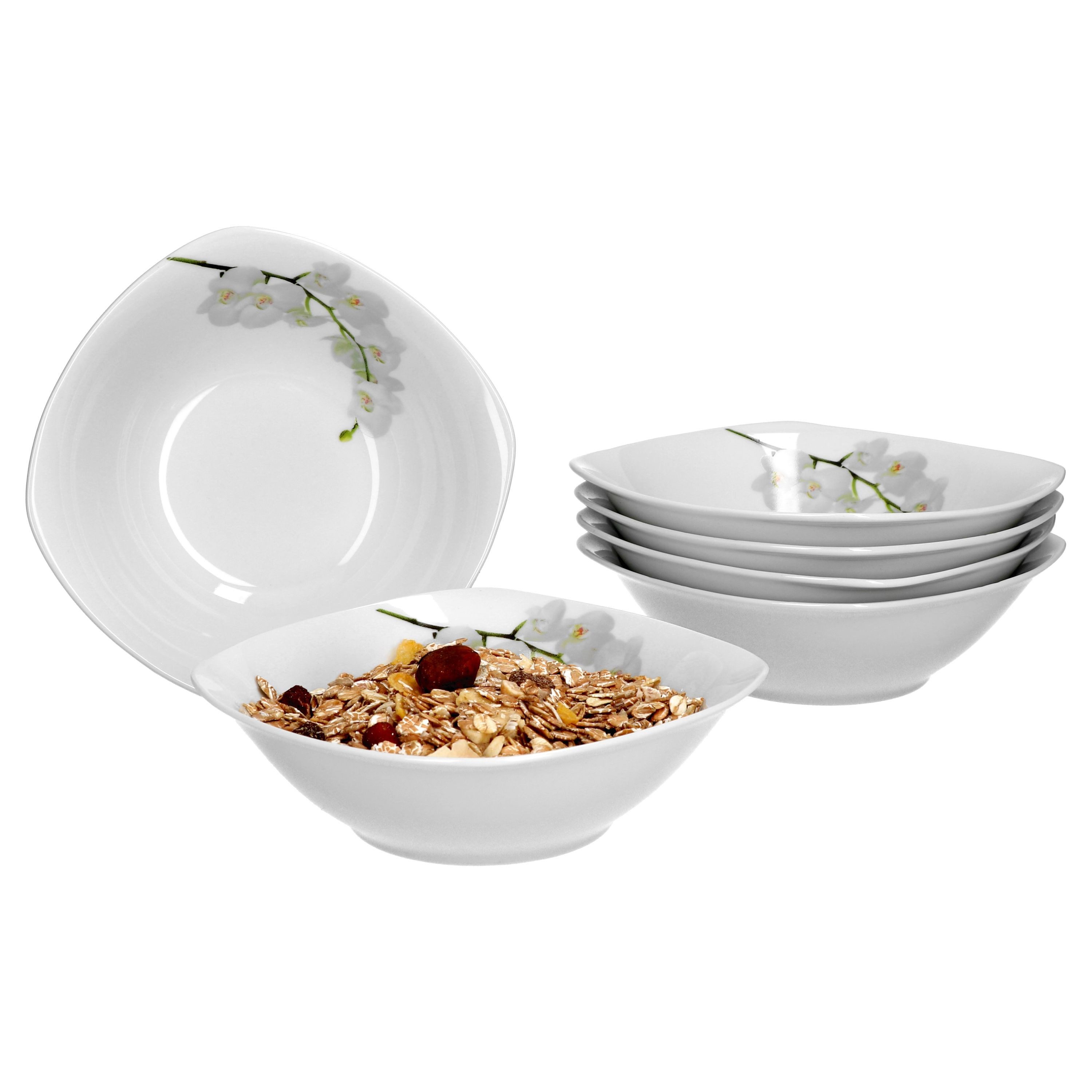 van Well Müslischale 6er Set Müsli- Salatschale Vanda weiße Orchidee 14,3cm, Porzellan