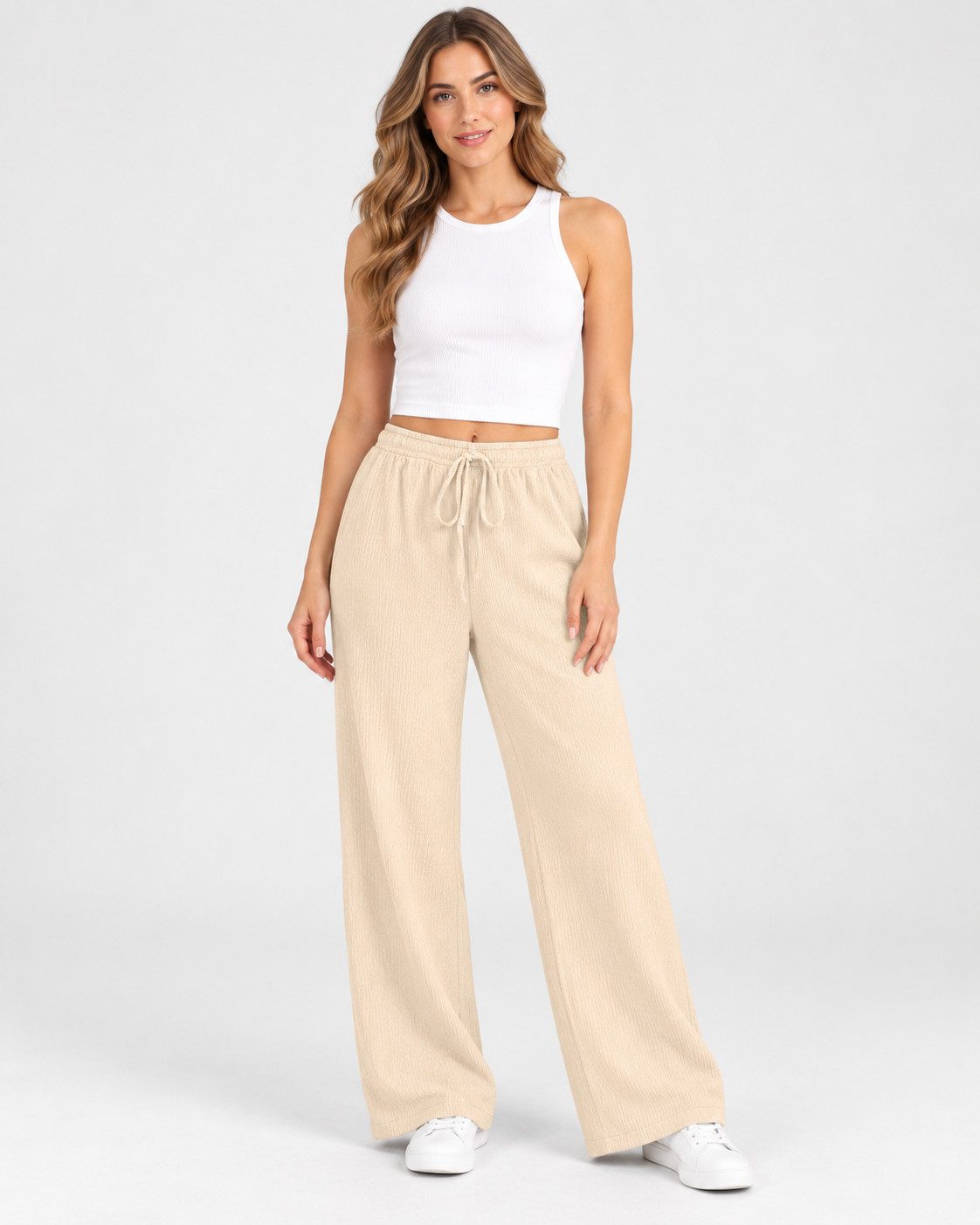 fashionshowcase Palazzohose Damen Freizeithose mit weitem Bein Crinkle Hose elastischer Bund vielseitig kombinierbar, angenehmer Freizeitkomfort