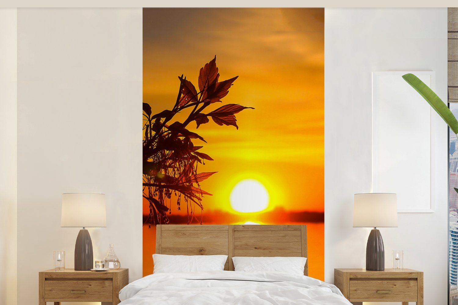 MuchoWow Fototapete Sonnenuntergang - Wasser - Pflanzen - Orange, Matt, bedruckt, (2 St), Vliestapete für Wohnzimmer Schlafzimmer Küche, Fototapete