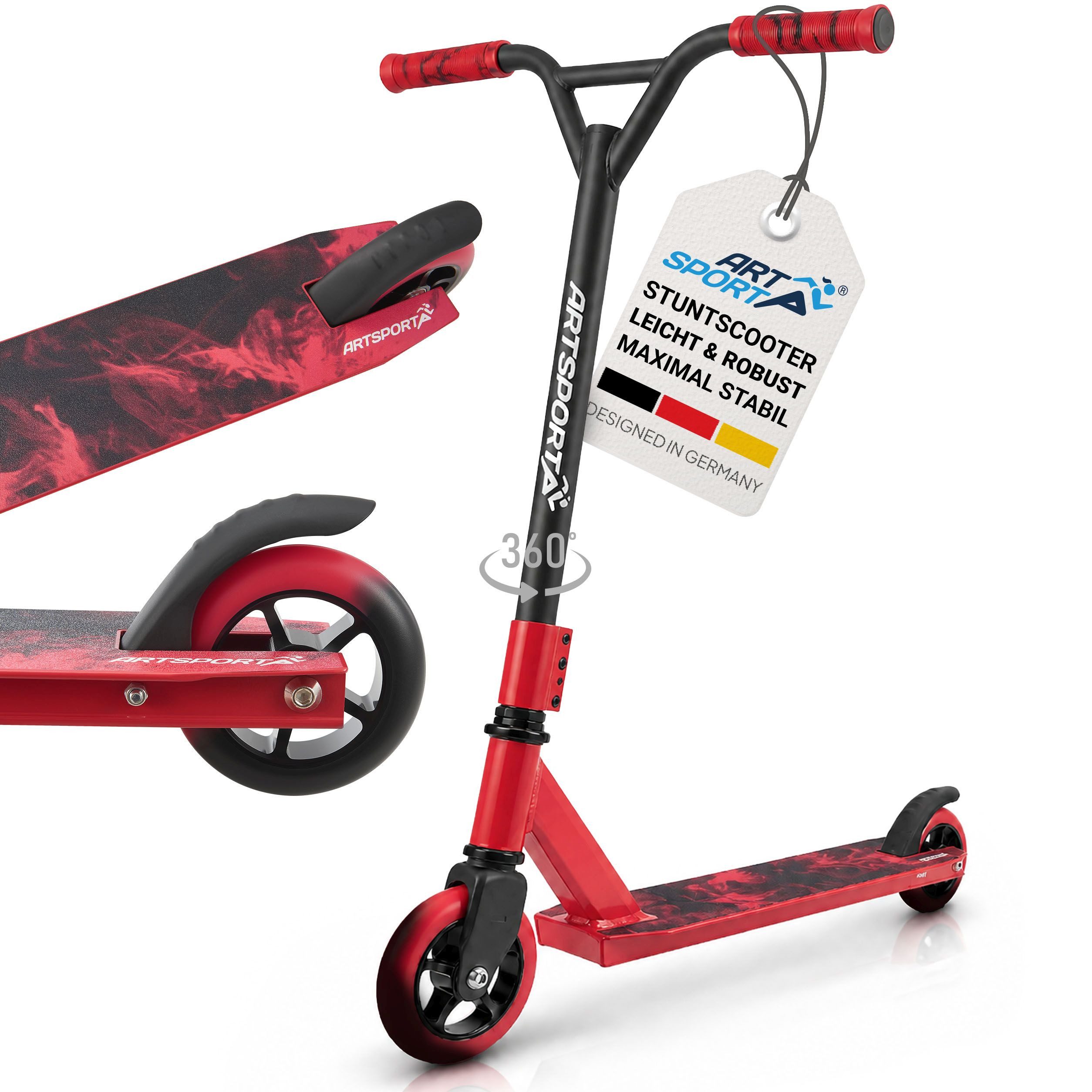 ArtSport Stuntscooter Red Smoke, Alu Core, 360°-Lenker mit TPR-Grips, stabil und leicht