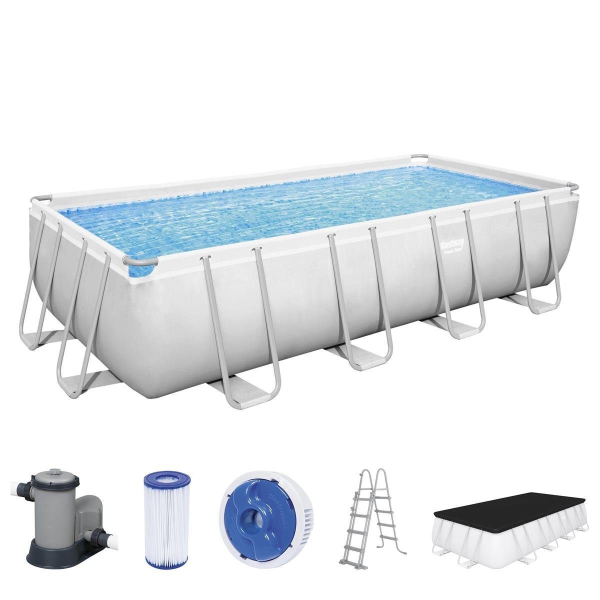 Bestway Framepool Power Pool Komplettset Eckig Aufstellpool 5,5x2,7x1,2m Planschbecken (Gartenpool mit Pumpe Set, Gross, Aufstellbecken, Familienpool, Kinderpool), Schwimmbecken für Garten, Stahlrahmen, Kinder & Erwachsene