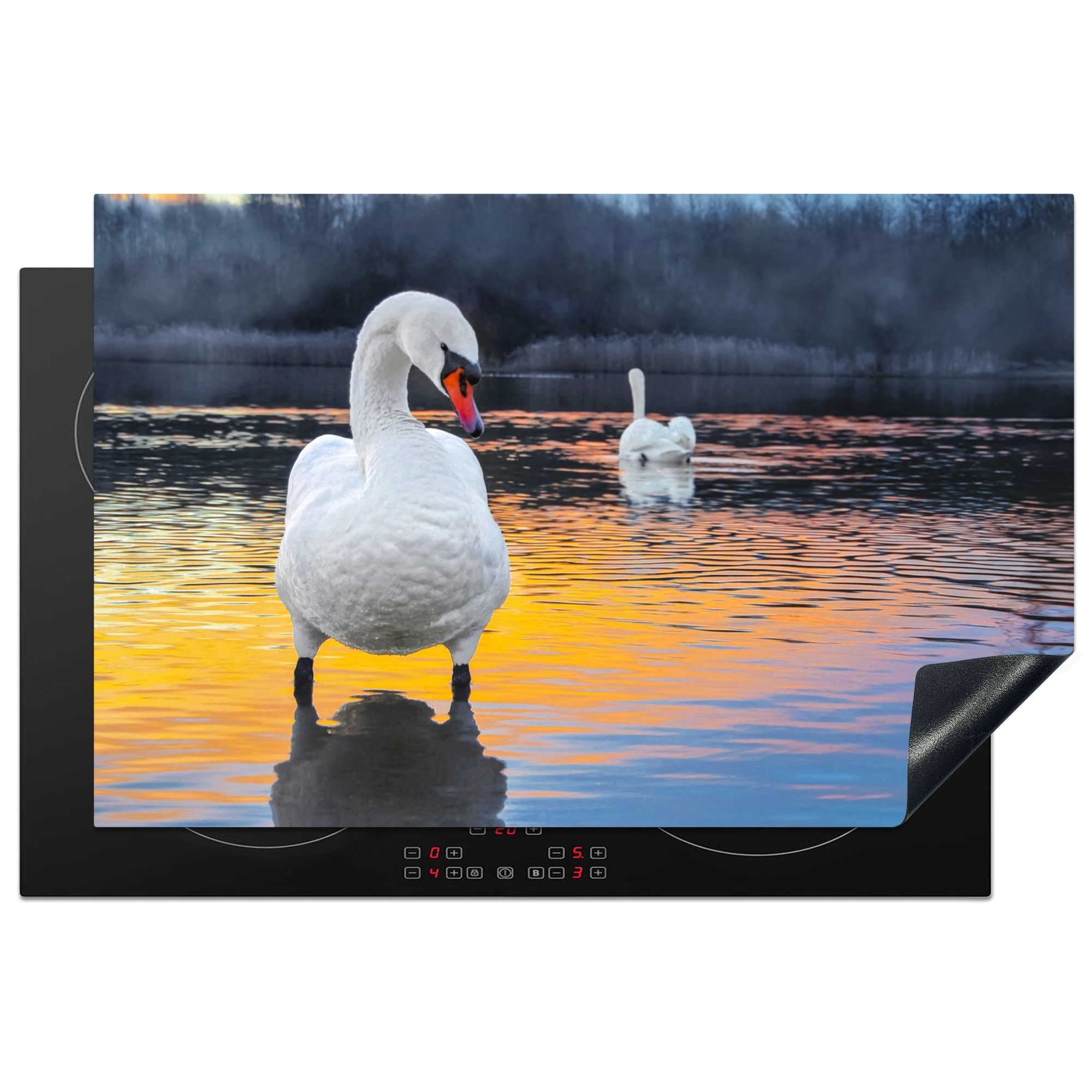 MuchoWow Herdblende-/Abdeckplatte Schwan - Vogel - Sonnenuntergang - Wasser, Vinyl, (1 tlg), 81x52 cm, Ceranfeldabdeckung, Arbeitsplatte für küche