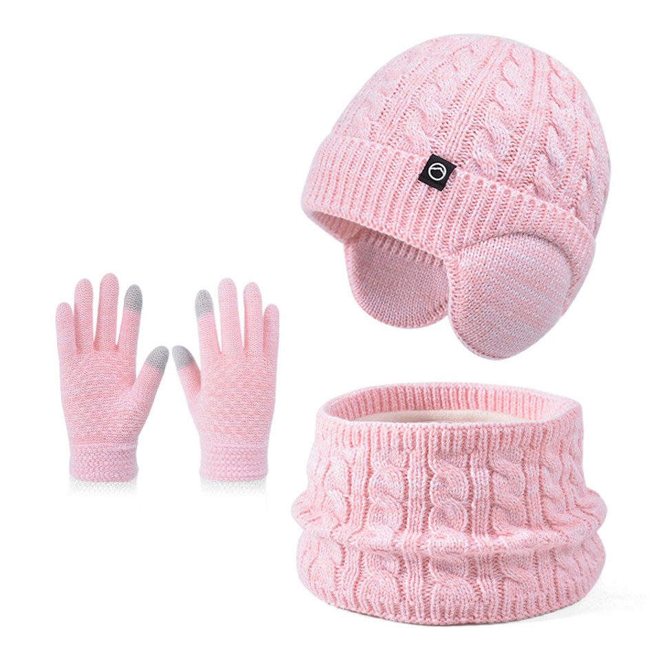 Coonoor Mütze & Schal Kinder-Wintermütze, Schal und Handschuhe, warme Thermo-Strickmütze (mit Ohrenschützern), Halswärmer, Touchscreen-Handschuh