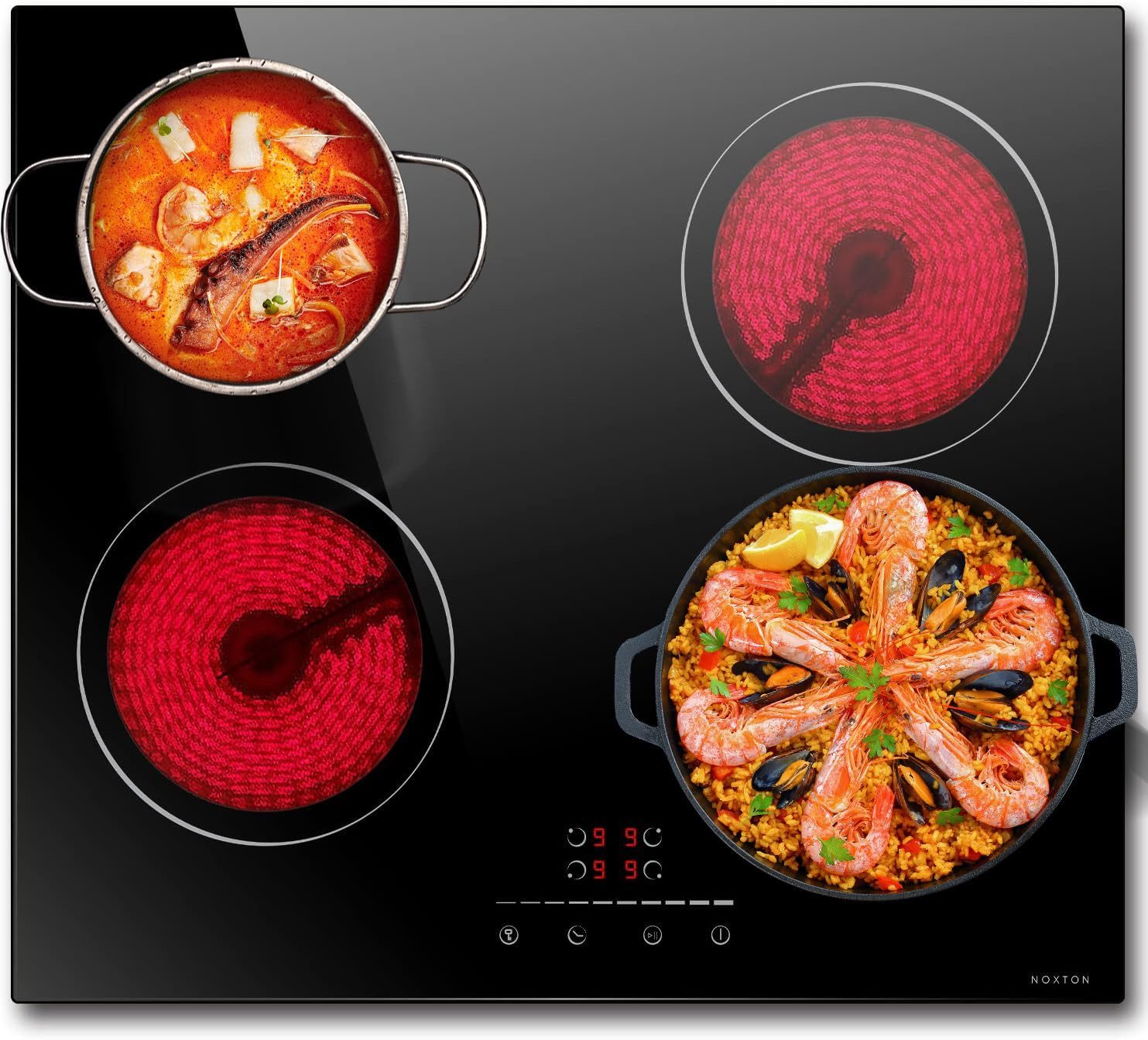 NOXTON Induktions-Kochfeld 60 cm Schwarzer Glaskocher Autarkes Glaskeramikkochfeld, Eingebautes Elektrisches Kochfeld, mit Schieberegler und 4 Zonen Keramikkochfelder