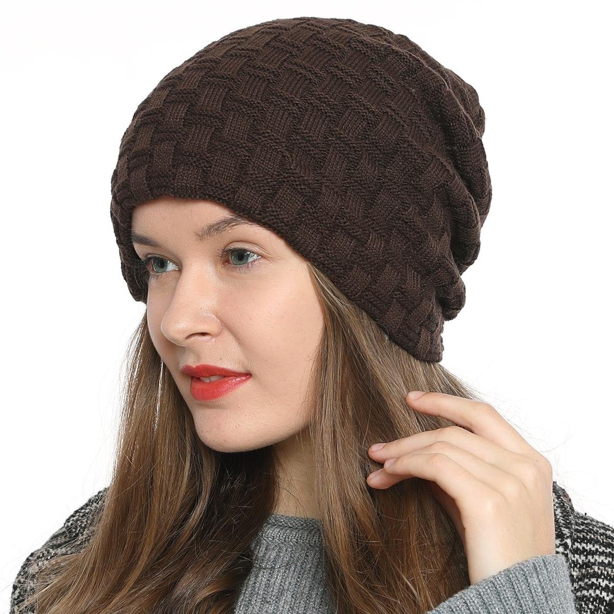 DonDon Beanie Damen Beanie Winter Slouch Style mit Innenfutter (Packung, 1-St) Wintermütze, Beanie mit Flechtmuster und Teddyfleece braun