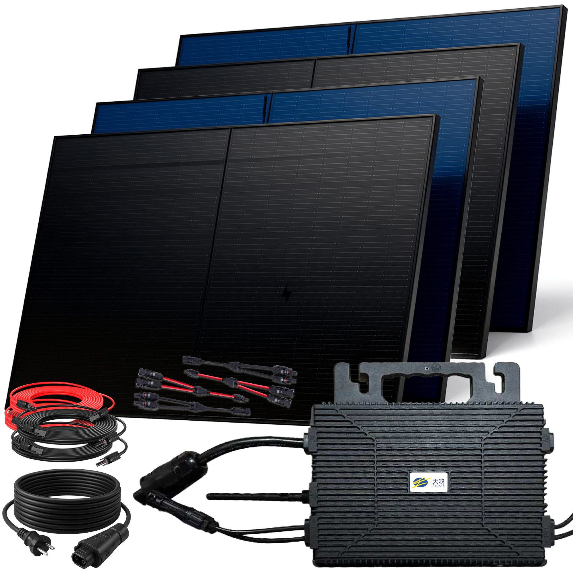 SUNNIVA Balkonkraftwerk 2000W BIFAZIAL FULLBLACK komplett Steckdose, (ASTRO-E 800W Wechselrichter, PV Solaranlage, 4x 500W Glas Solarmodule, inkl. 5m Kabel, Bluetooth WIFI, Komplettset)