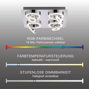 LeuchtenDirekt LED Deckenleuchte LED Deckenleuchte Smarthome - Spot, Smart Home, CCT-Farbtemperaturregelung, RGB-Farbwechselfunktion, Dimmfunktion, Memoryfunktion, 4xLED/3,10Watt, warmweiß bis tageslichtweiß, Spotköpfe schwenkbar Fernbedienung dimmbar CCT