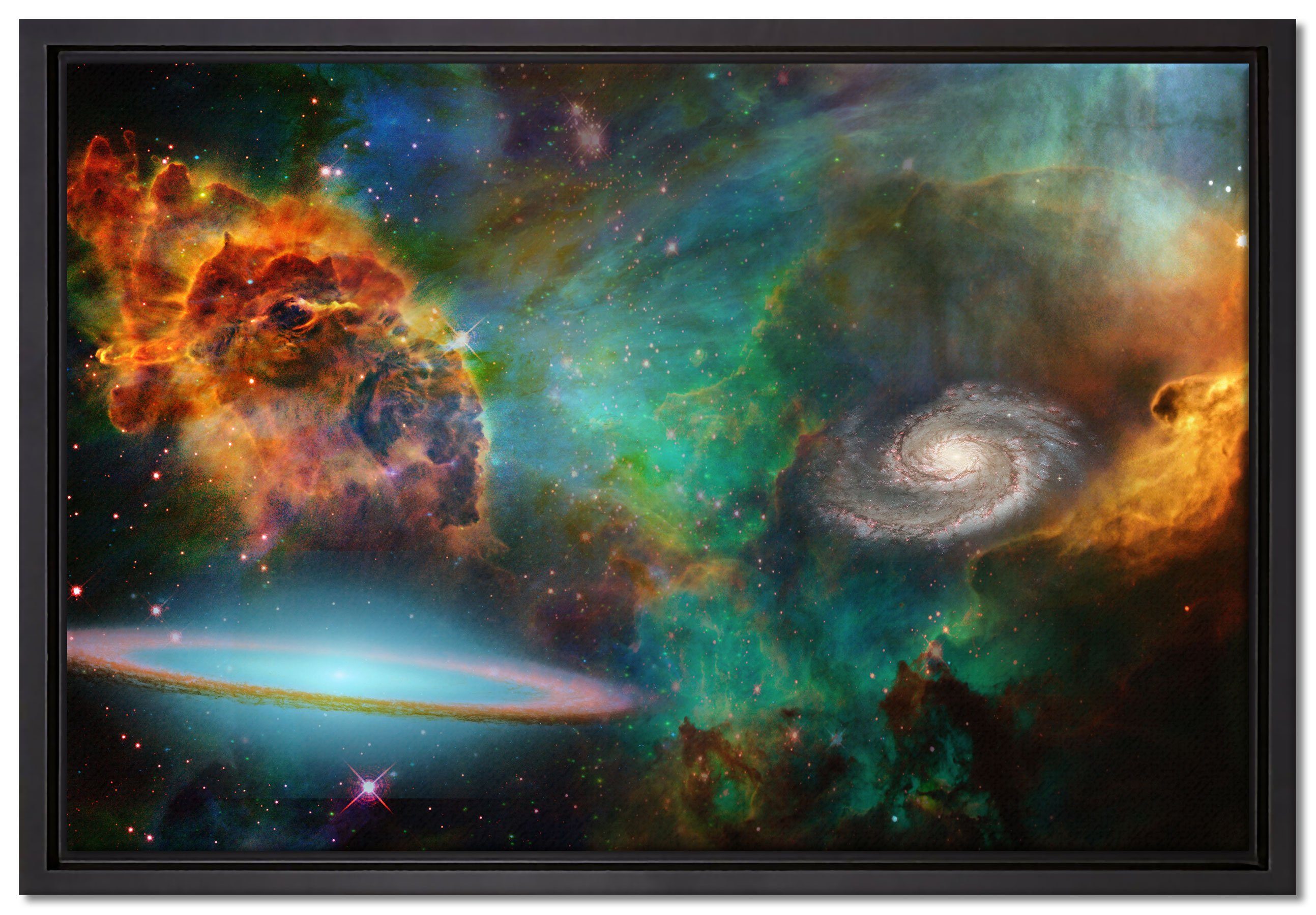 Pixxprint Leinwandbild Galaxie mit Sternennebel, Wanddekoration (1 St), Leinwandbild fertig bespannt, in einem Schattenfugen-Bilderrahmen gefasst, inkl. Zackenaufhänger