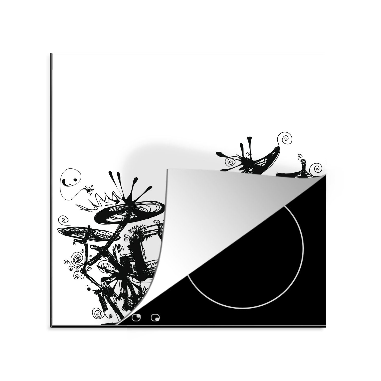MuchoWow Herdblende-/Abdeckplatte Schwarze küche Vinyl, (1 cm, für und Schlagzeugs, 78x78 Illustration Ceranfeldabdeckung, Arbeitsplatte tlg), weiße eines