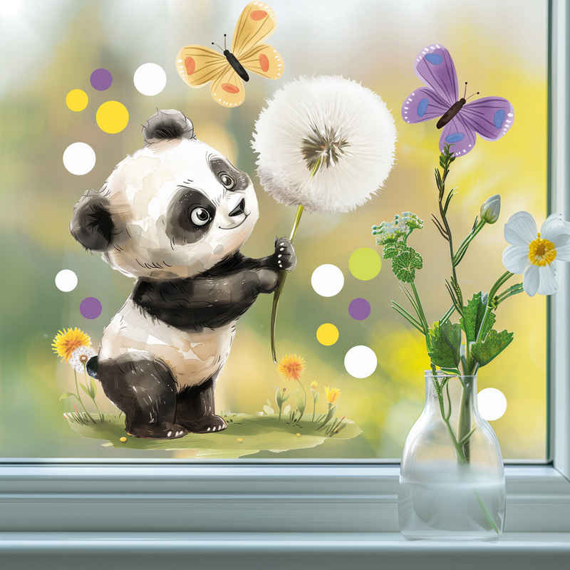 Sunnywall Fensterdekoration wiederverwendbares Fensterbild niedlicher Panda mit Pusteblume, wiederverwendbar, statisch haftend, beidseitiger Druck, nachhaltig