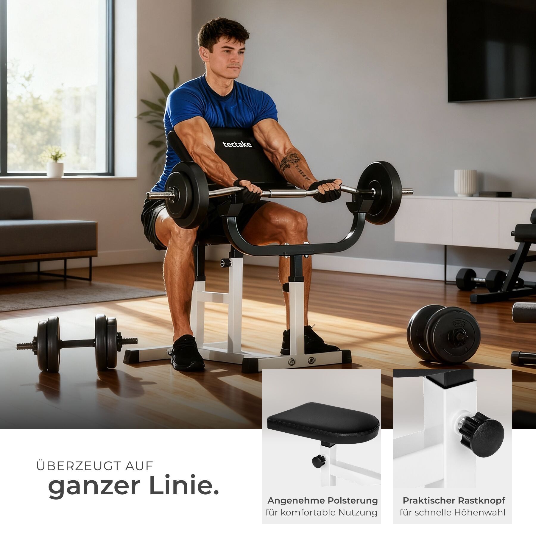 tectake Hantelbank Fitnessbank, rutschfest, 98 x 65 x 94 cm, Hantelgewicht bis 80 kg, (Trainingsbank, in schwarz/weiß), Sitz 5-fach höhenverstellbar, gepolstert mit Kunstlederbezug