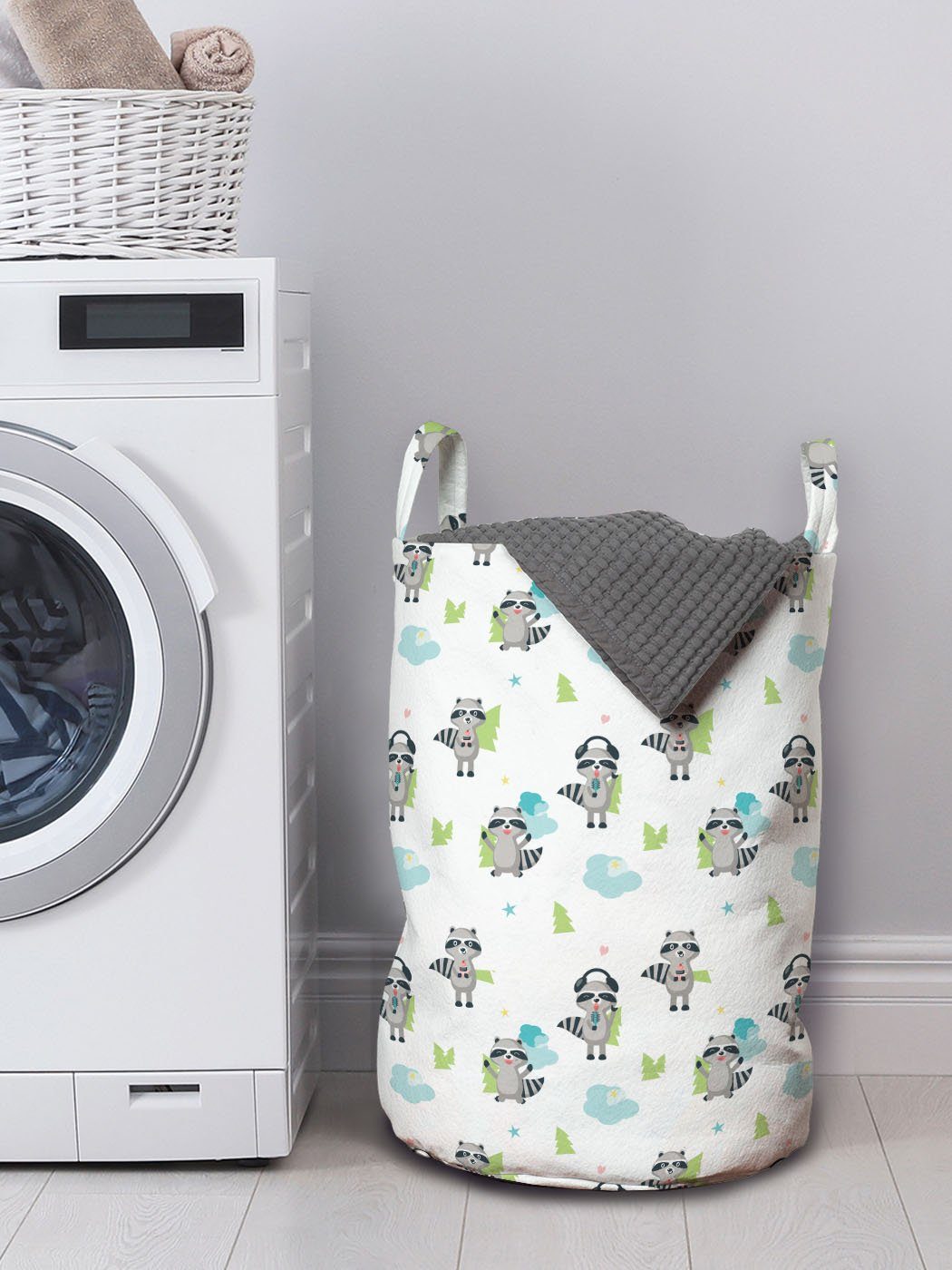 Abakuhaus Wäschesäckchen Wäschekorb mit Griffen für Waschbär Bäume Jungle Kordelzugverschluss Waschsalons, Nursery Wolken
