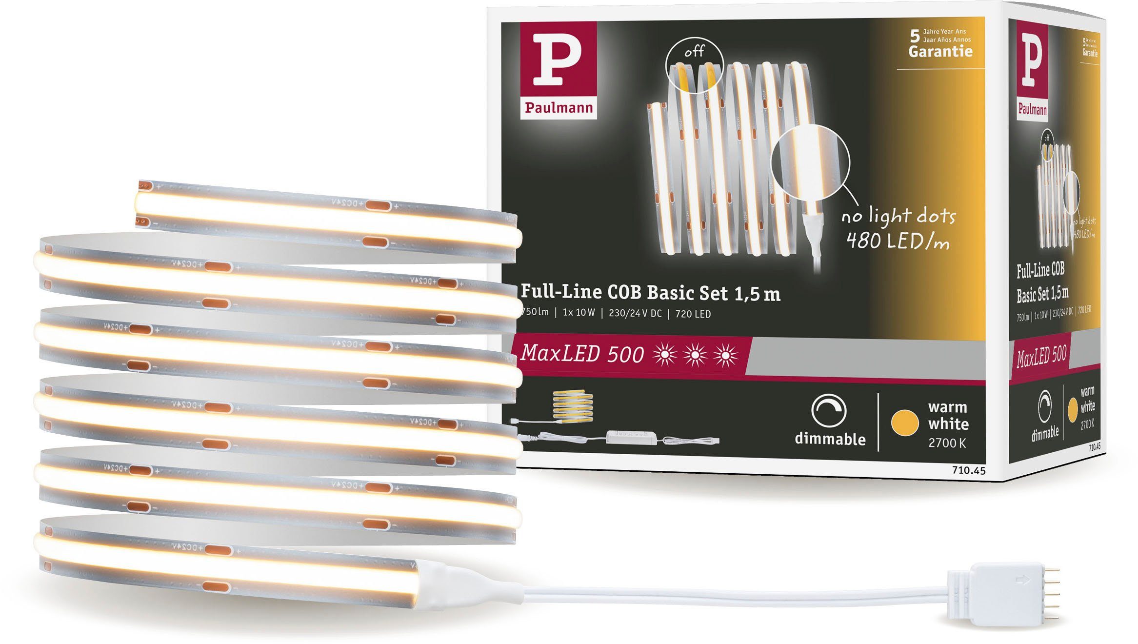 LED-Streifen Full-Line Basisset Paulmann 1-flammig, COB Basisset 750lm 2700K, 480LED warmweiß10W 1,5m, MaxLED 500