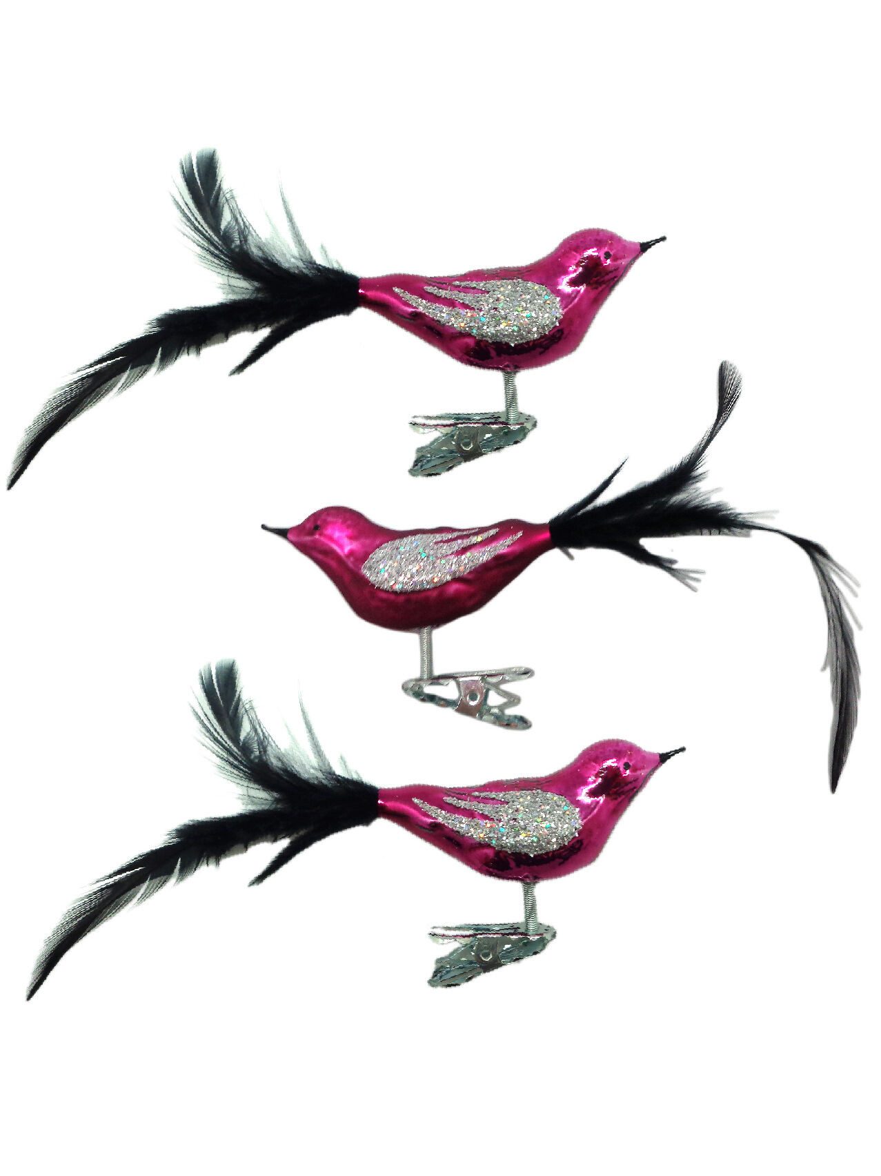 Dekorieren macht glücklich Dekoobjekt Glasvögel mit Federschwanz, handbemalt (3 St., 3er-Set), und Metall-Clip, 8 cm – edle Weihnachtsbaum-Deko aus Glas