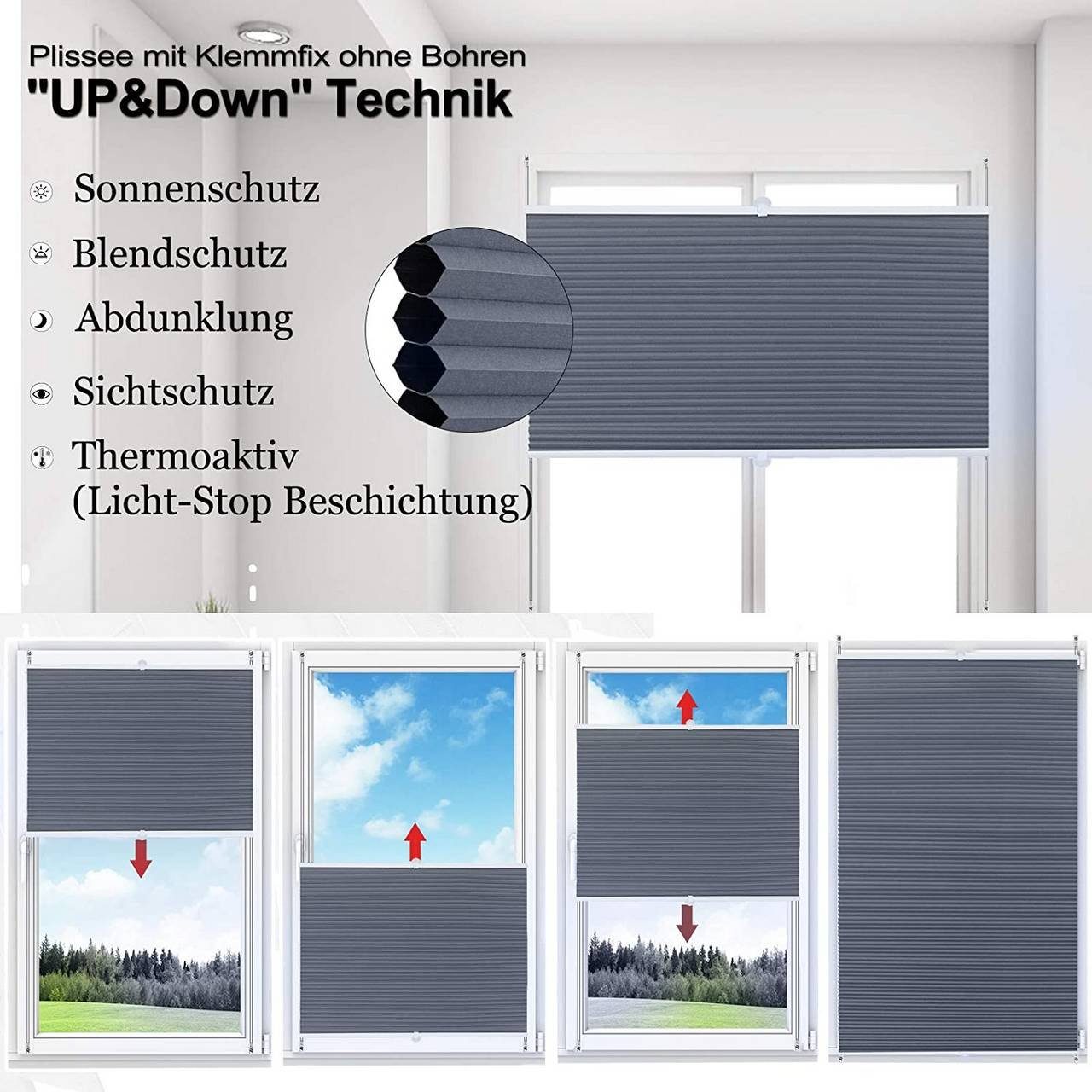 Woltu Plissee, verdunkelnd, verspannt, Klemmfix, Wabenplissees ohne Bohren