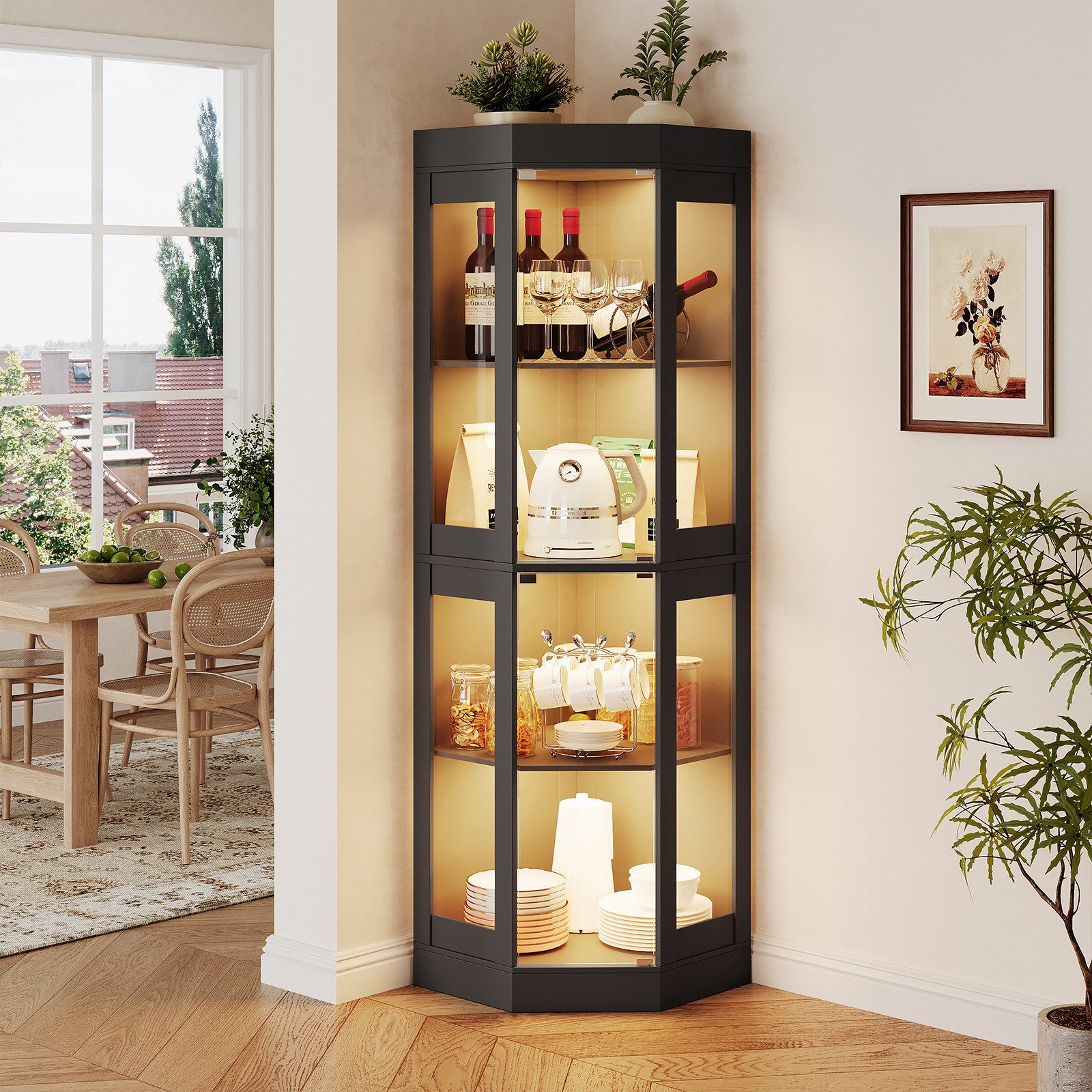 SVEYLXA Eckvitrine Beleuchtete LED Ecken-Vitrine mit Glastüren für Wohnzimmer, Küche&Flur (1-St) 70×56×178cm, schwarz